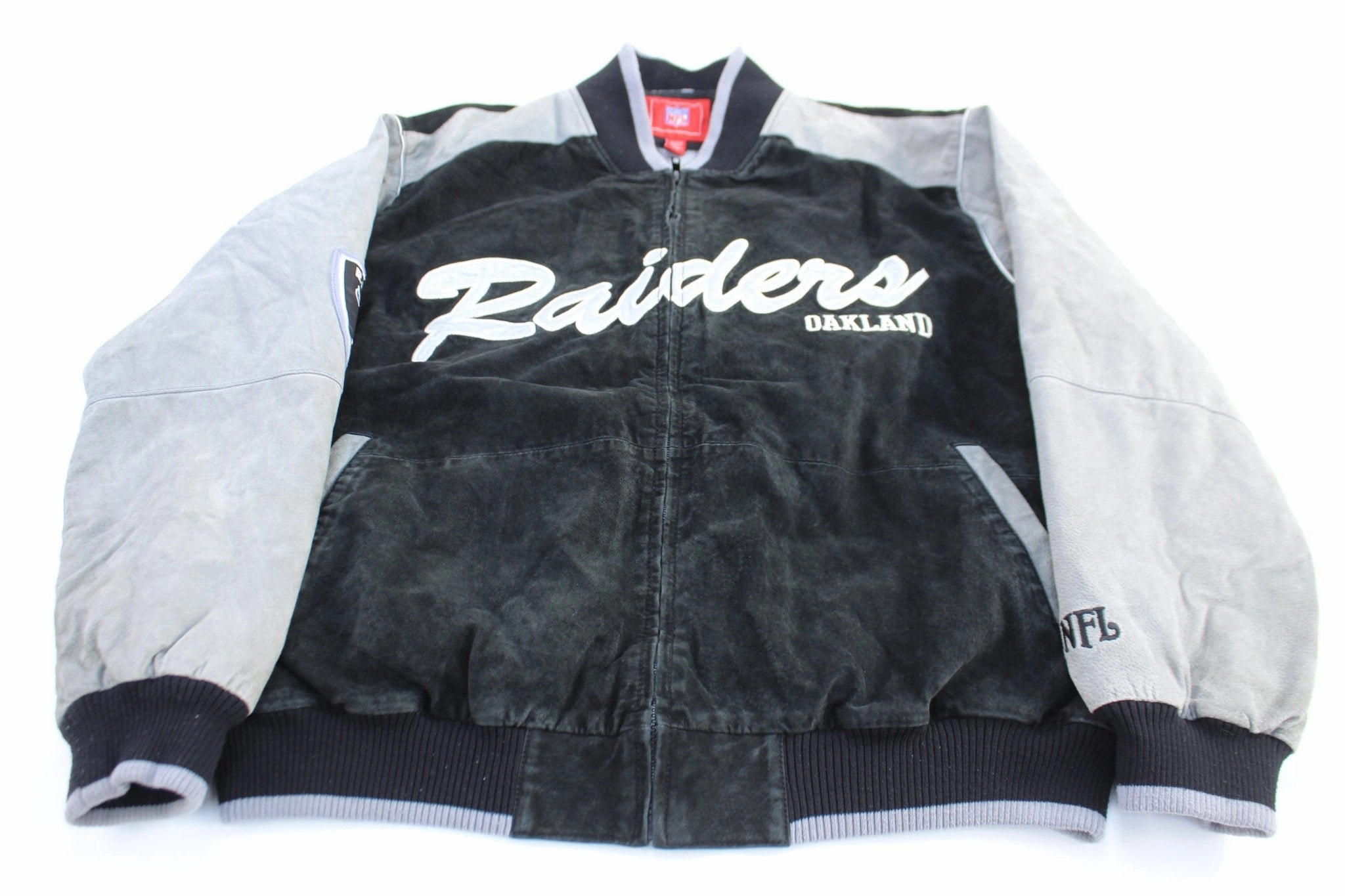 Oakland Raiders Football Embroidered Suede Zip Up Jacket Hook and loop fasteners Performance Layer