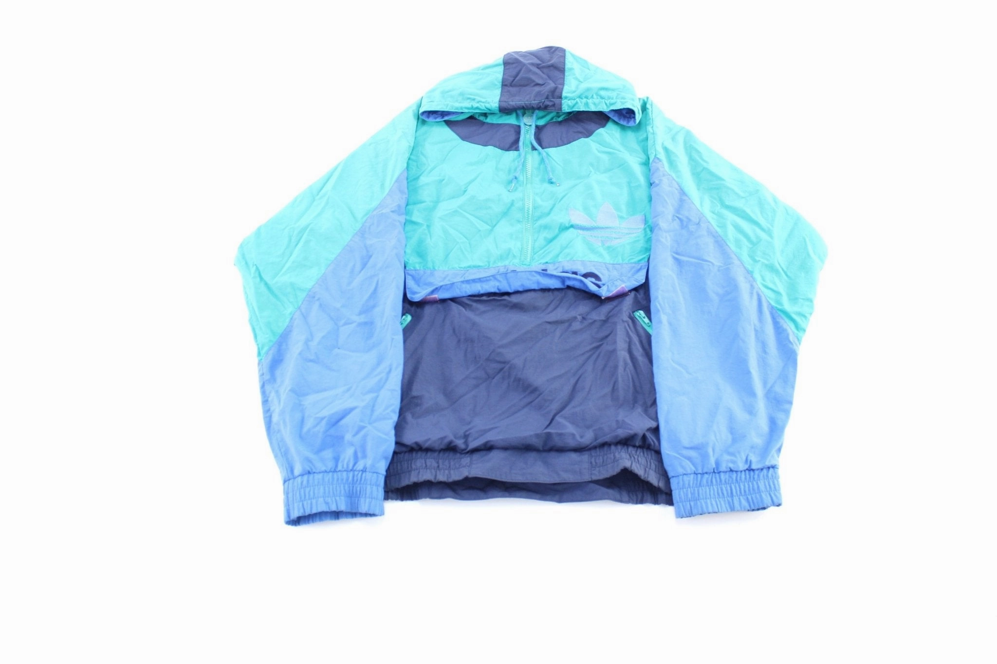 80's Adidas Embroidered Logo Blue, Navy Blue, & Turquoise Pullover Jacket Container