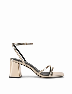 Medium Heel Starling Strappy Block Heels - Gold Mirror Metallic Leather
