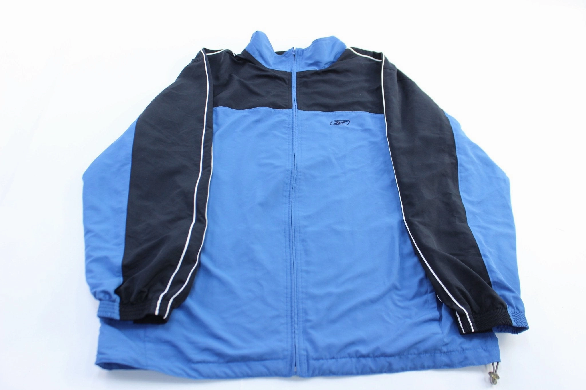 Quilted Construction Reinforced Stress Points Vintage Reebok Embroidered Logo Blue & Black Zip Up Jacket