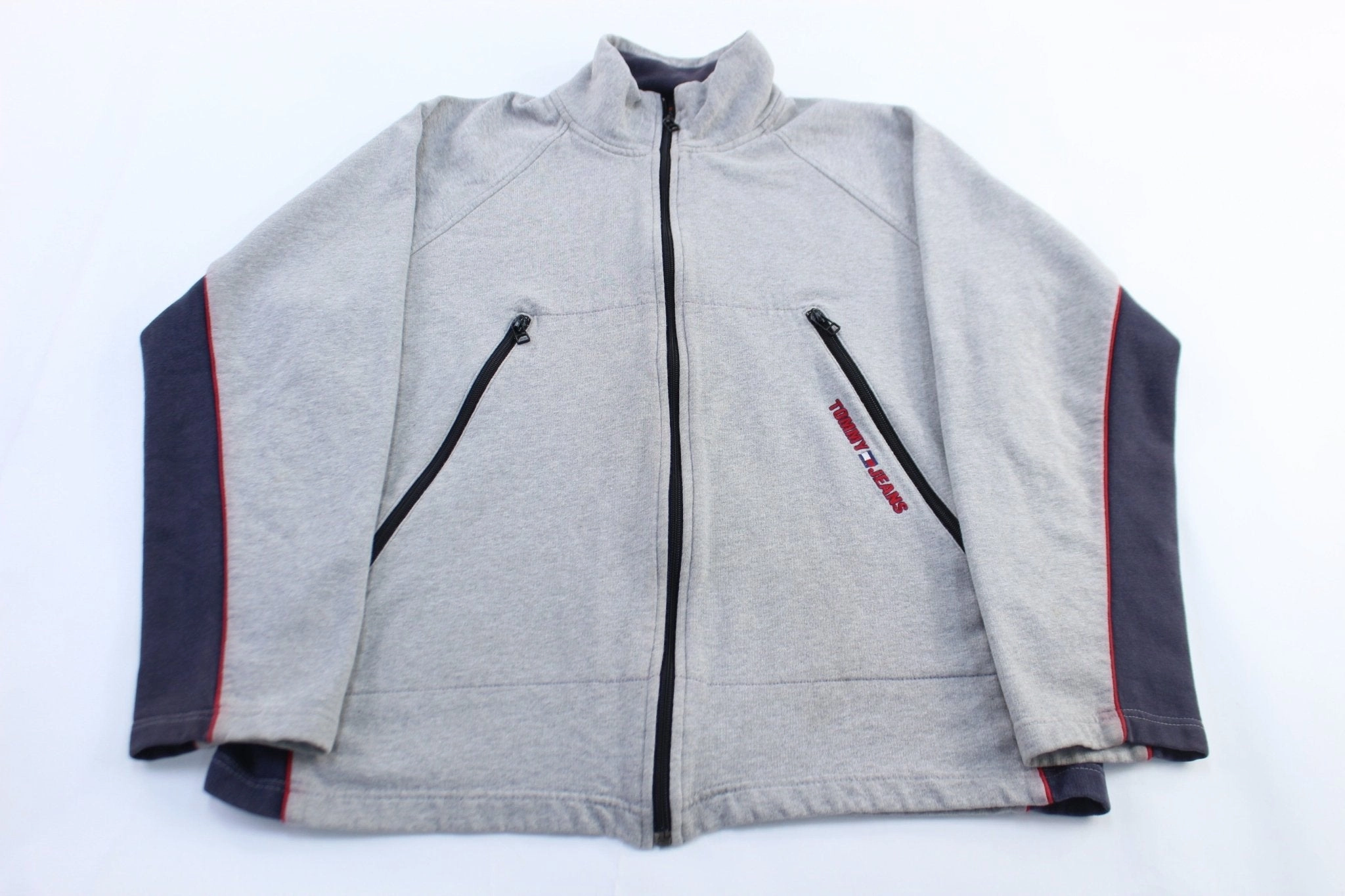 Tommy Jeans Embroidered Logo Red, Blue, & Grey Zip Up Jacket Multi Pocket System Weather Coat