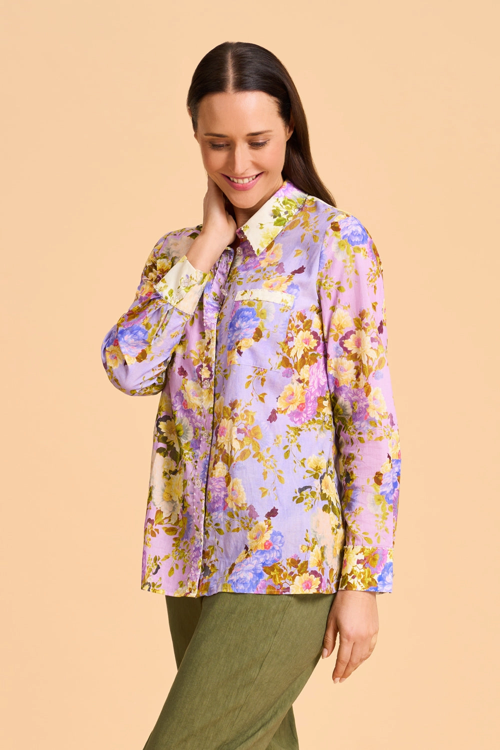 Versatile Layering Cut Beaded Mixed Print Shirt - Chantilly Mix
