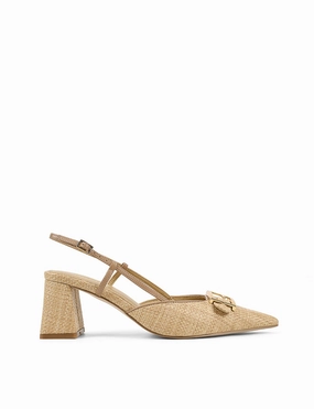 Yass Sling Back Block Heels - Almond Tan Leather & Natural Raffia London Edge Play Trip