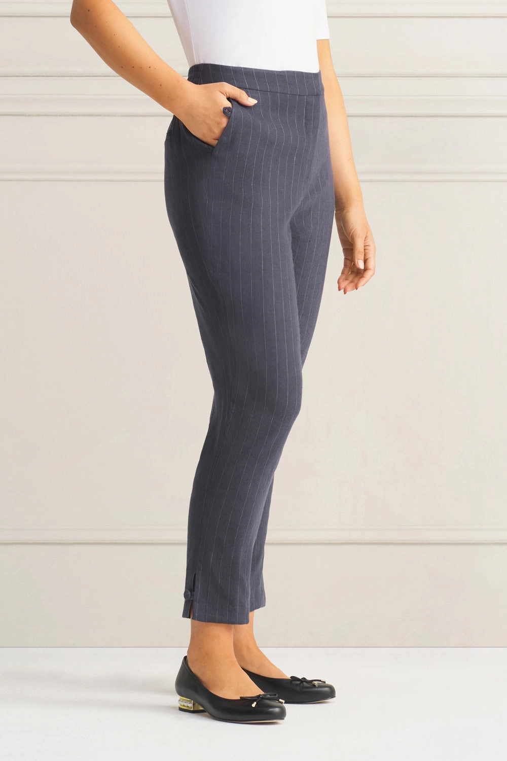Casual Chic Tab Detail Linen Pant - Charcoal Pinstripe