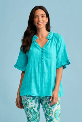 Textured Cotton Blouse - Turquoise SweatGuard Lining Tagless Neckline Design
