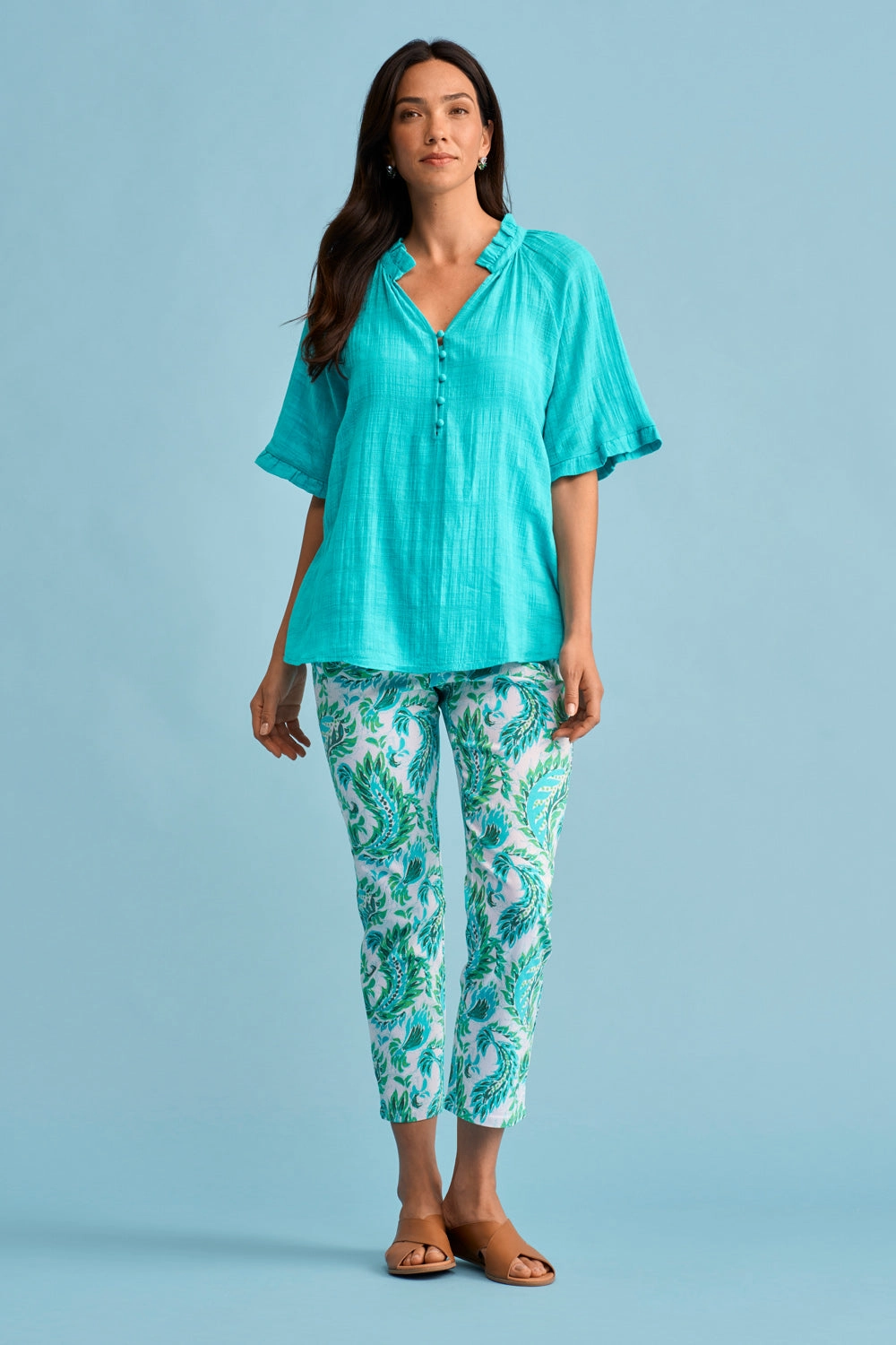 Textured Cotton Blouse - Turquoise Durable Interlock Stitch ButterySoftTextile