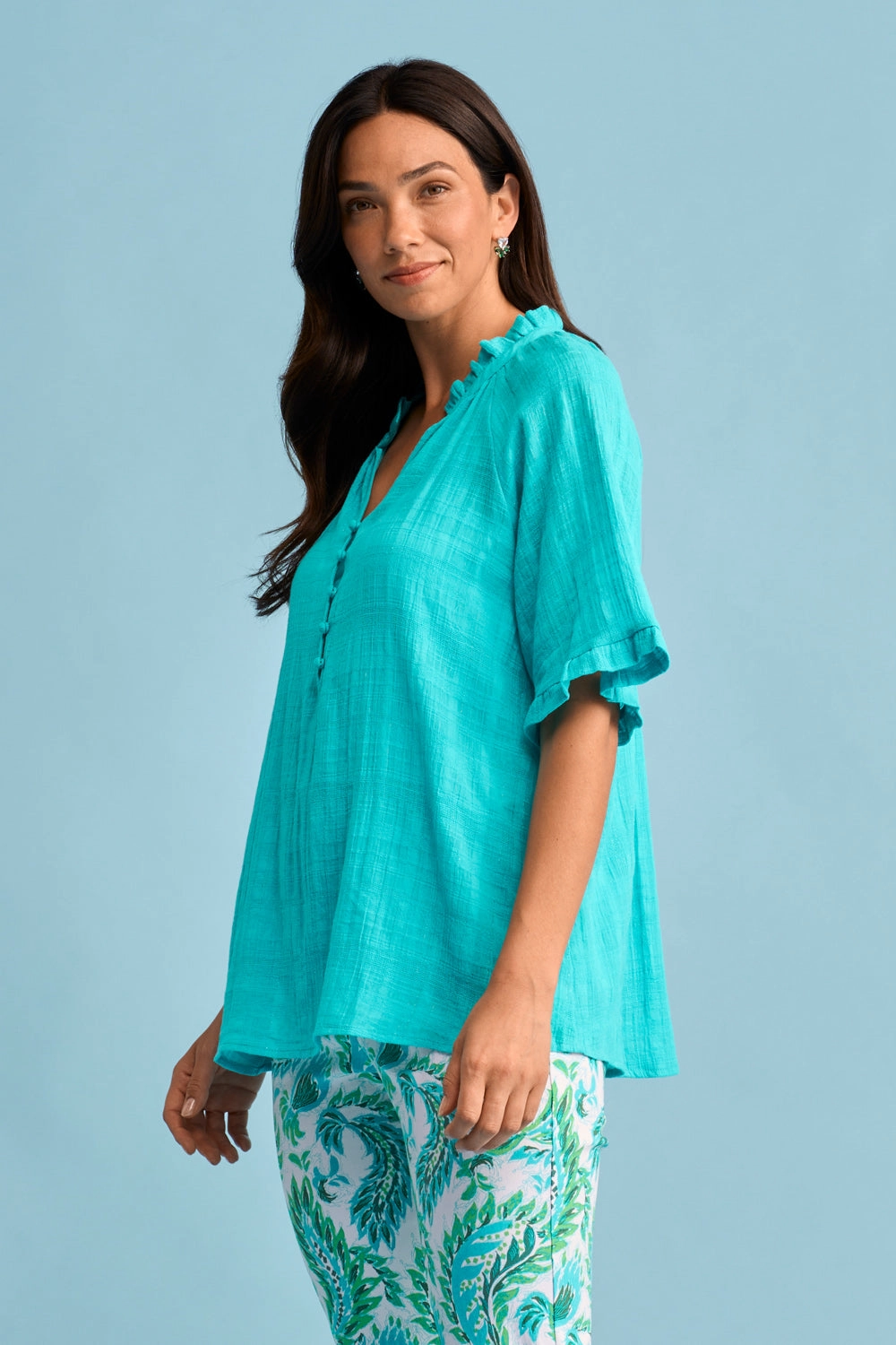 Textured Cotton Blouse - Turquoise Compact Jacquard Weave