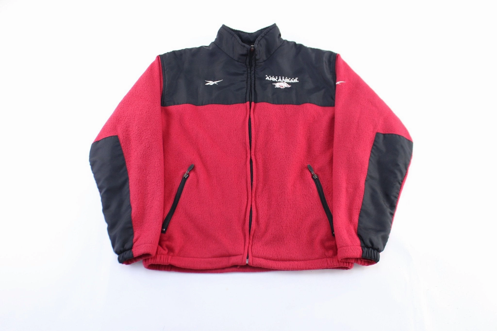 Vintage Reebok Embroidered Logo Arkansas Razorbacks Fleece Zip Up Jacket Smooth Gliding Liners AdjustableCuffs