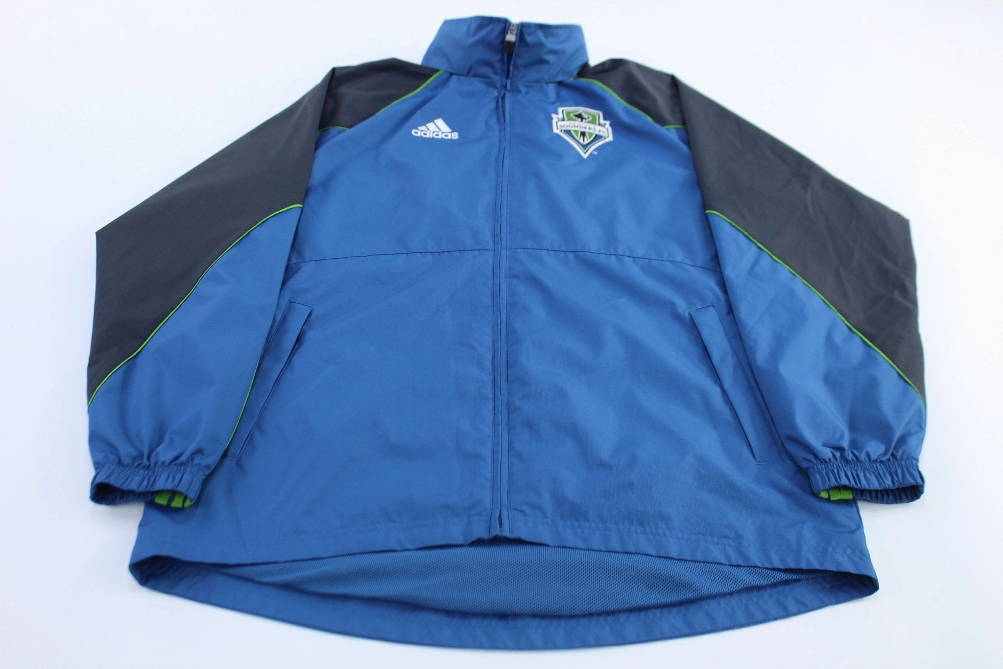 Motion Friendly Adidas Logo Seattle Sounders FC Striped Soccer Zip Up Jacket