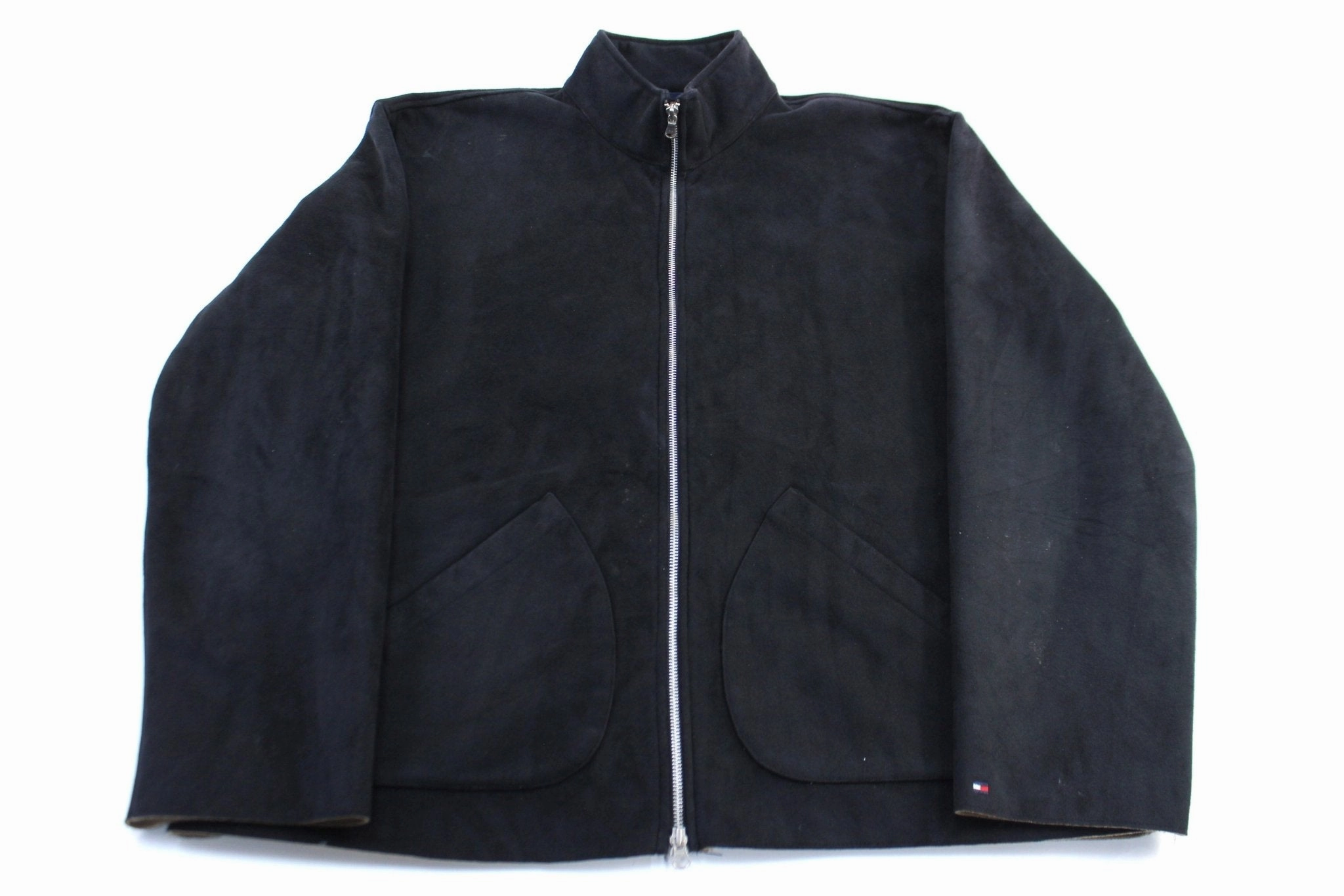 Tommy Hilfiger Embroidered Logo Black Suede Zip Up Jacket Heavy Duty Zipper Dynamic Wear