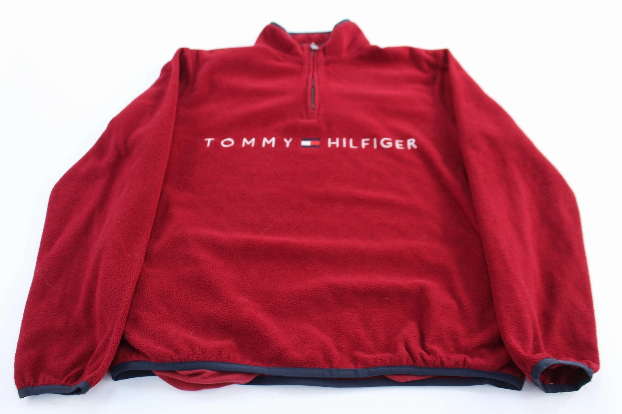Tommy Hilfiger Embroidered Red Quarter Zip Fleece Pullover Christmas