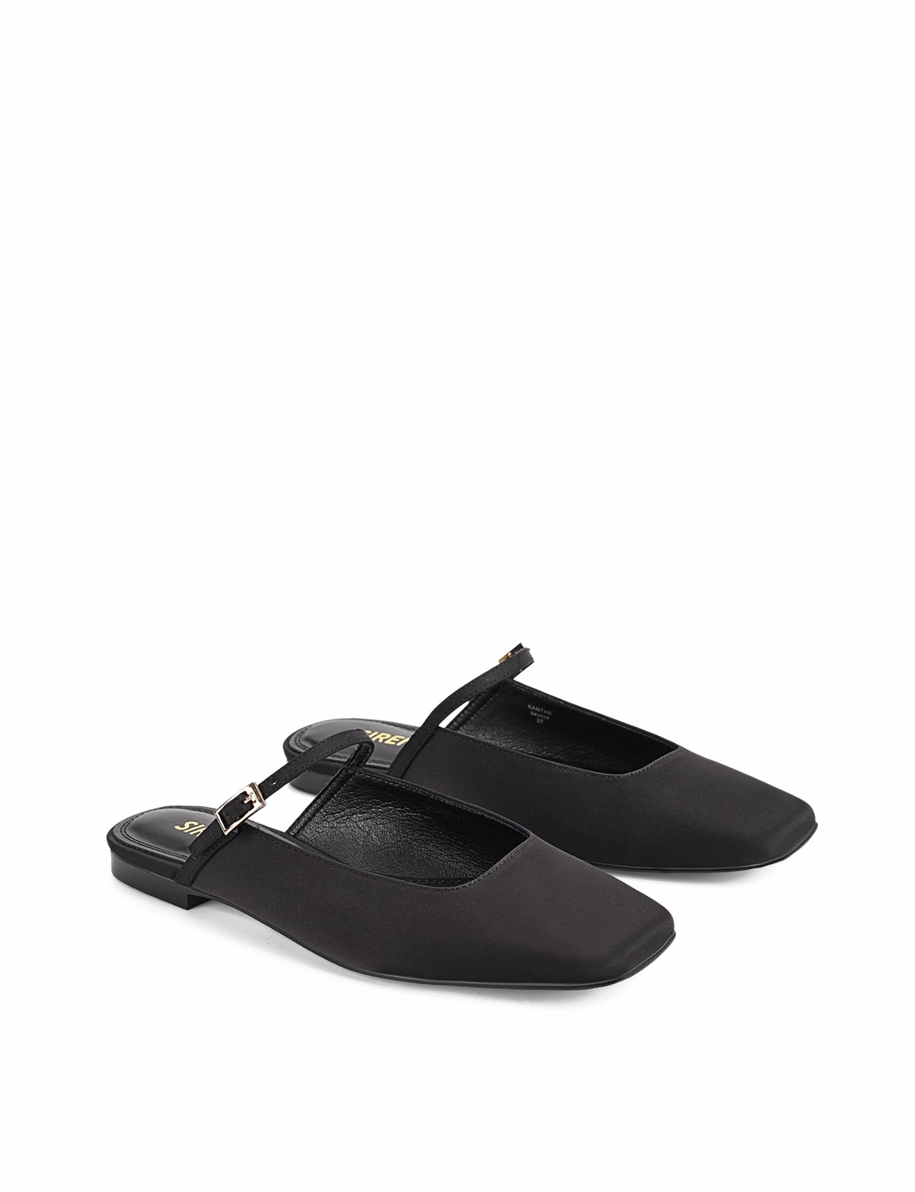 Xanthe Mary Jane Mules - Black Satin Run Path Flat Heel