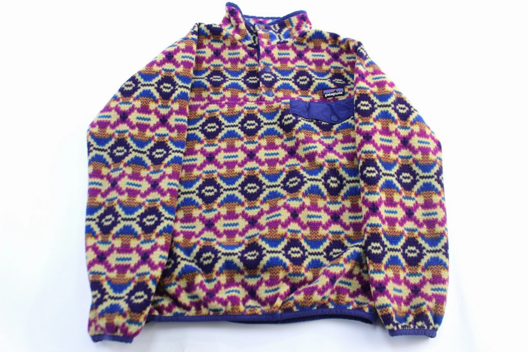 Women's Patagonia Synchilla Blue & Purple Geometric Snap-T Fleece Pullover Suspenders