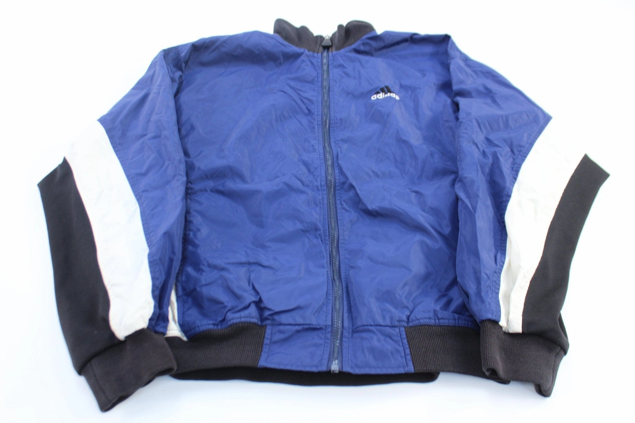Storm Protection 90's Adidas Embroidered Logo Blue, Black, & White Zip Up Jacket