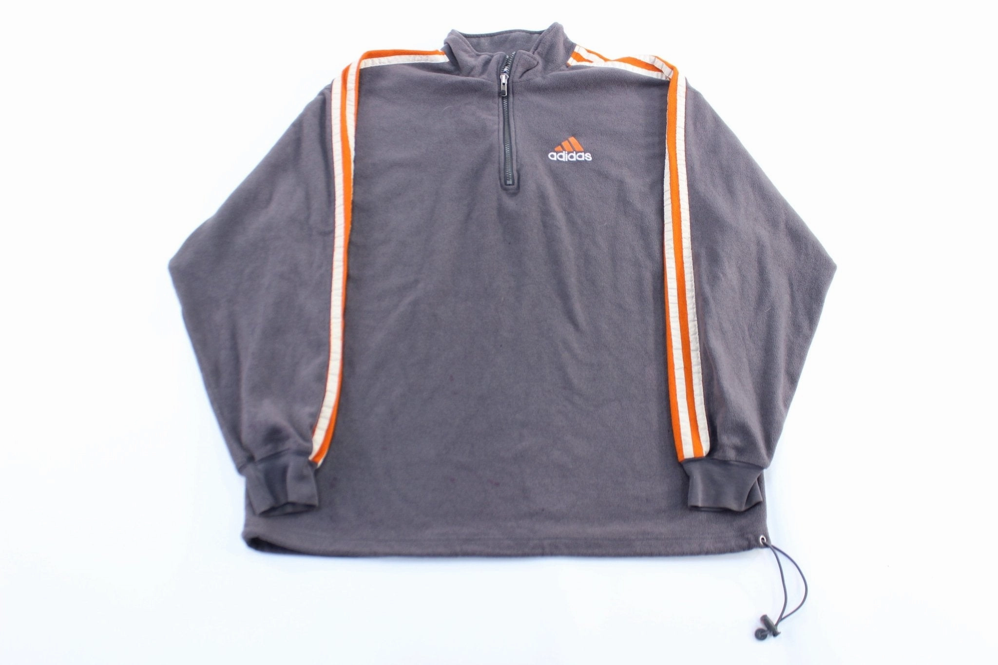 Vintage Adidas Embroidered Logo Grey, White, & Orange Striped Fleece Pullover Anti Slip Shoulder Pads Performance Fit