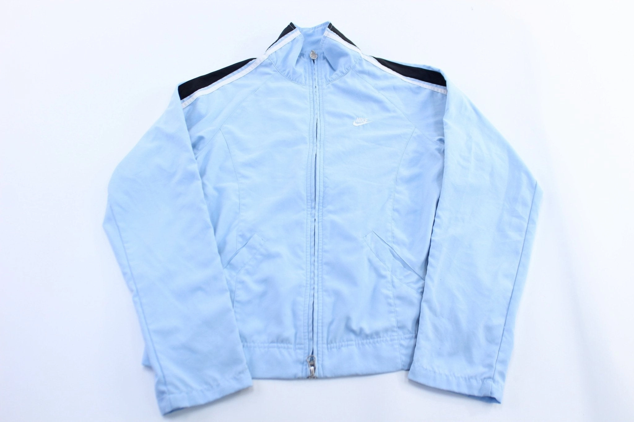 Women's Nike Embroidered Logo Light Blue Striped Zip Up Jacket Cold Climate