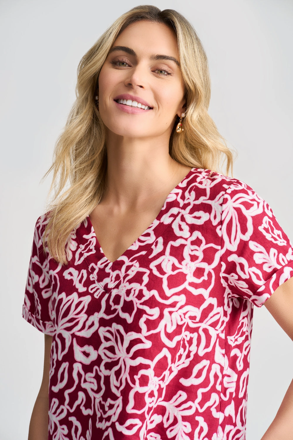 Versatile Edge V-Neck Linen Dress - Pink & White Floral