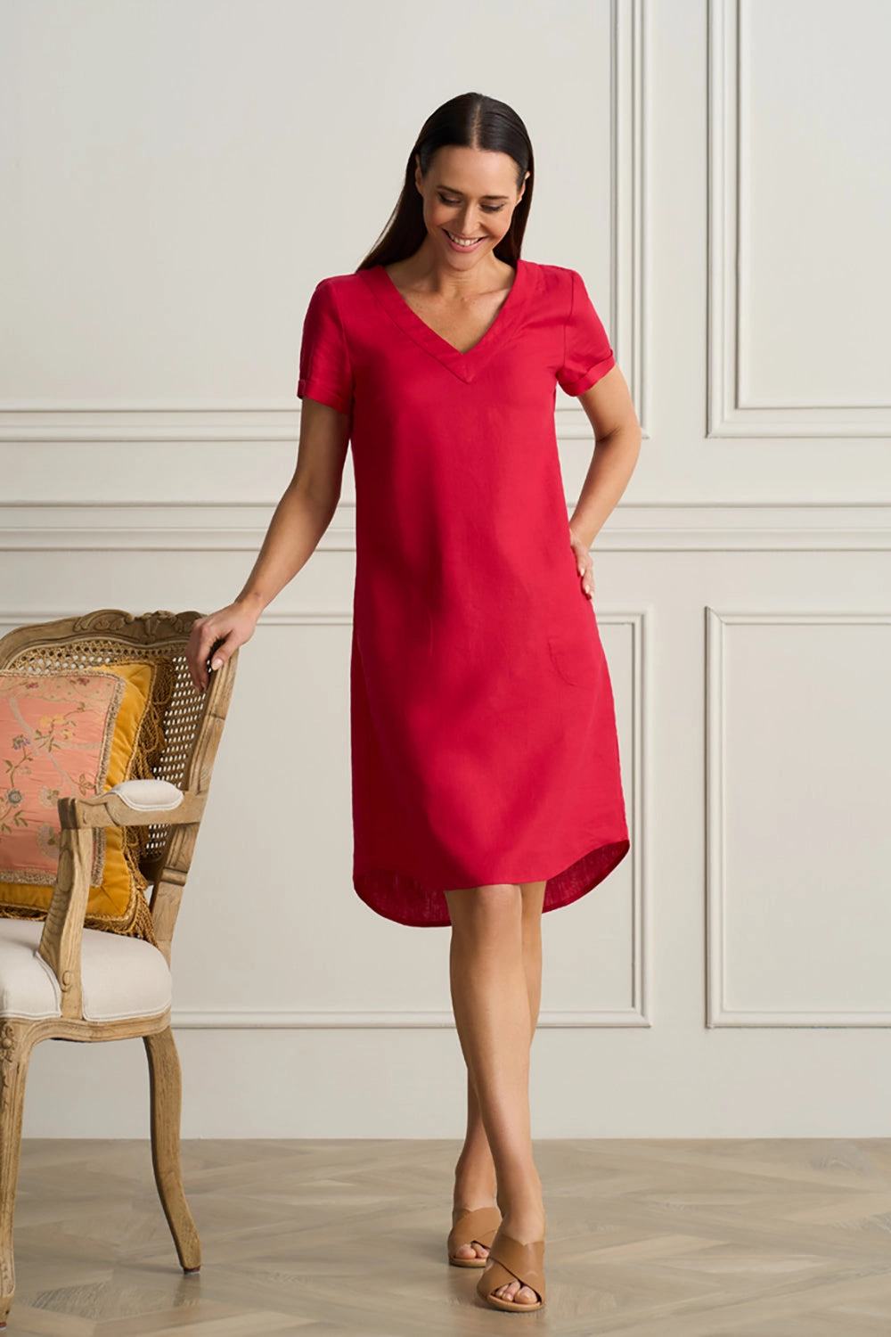 french chic V-Neck Linen Dress - Rouge