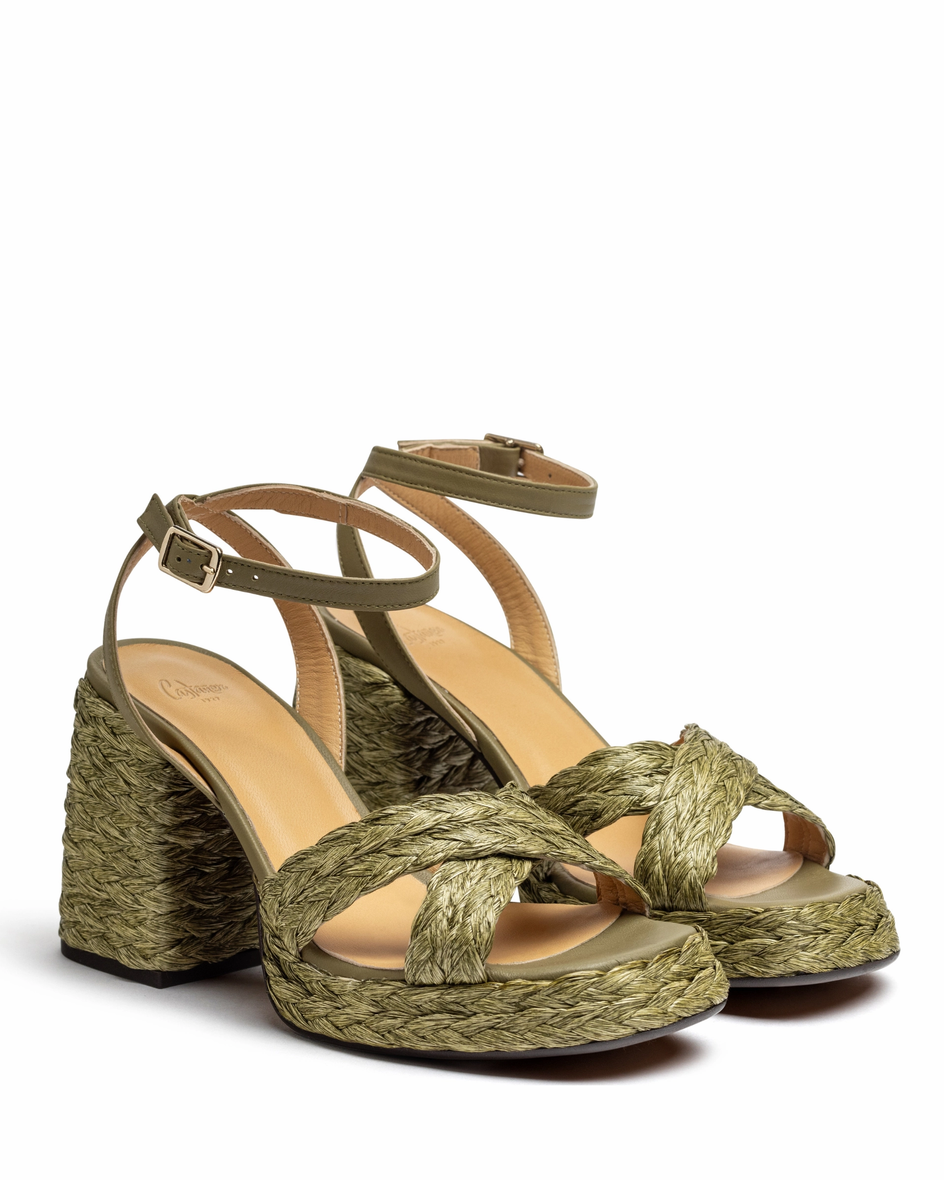 Valeriette Olive Platform Raffia Sandal Toe Post Design