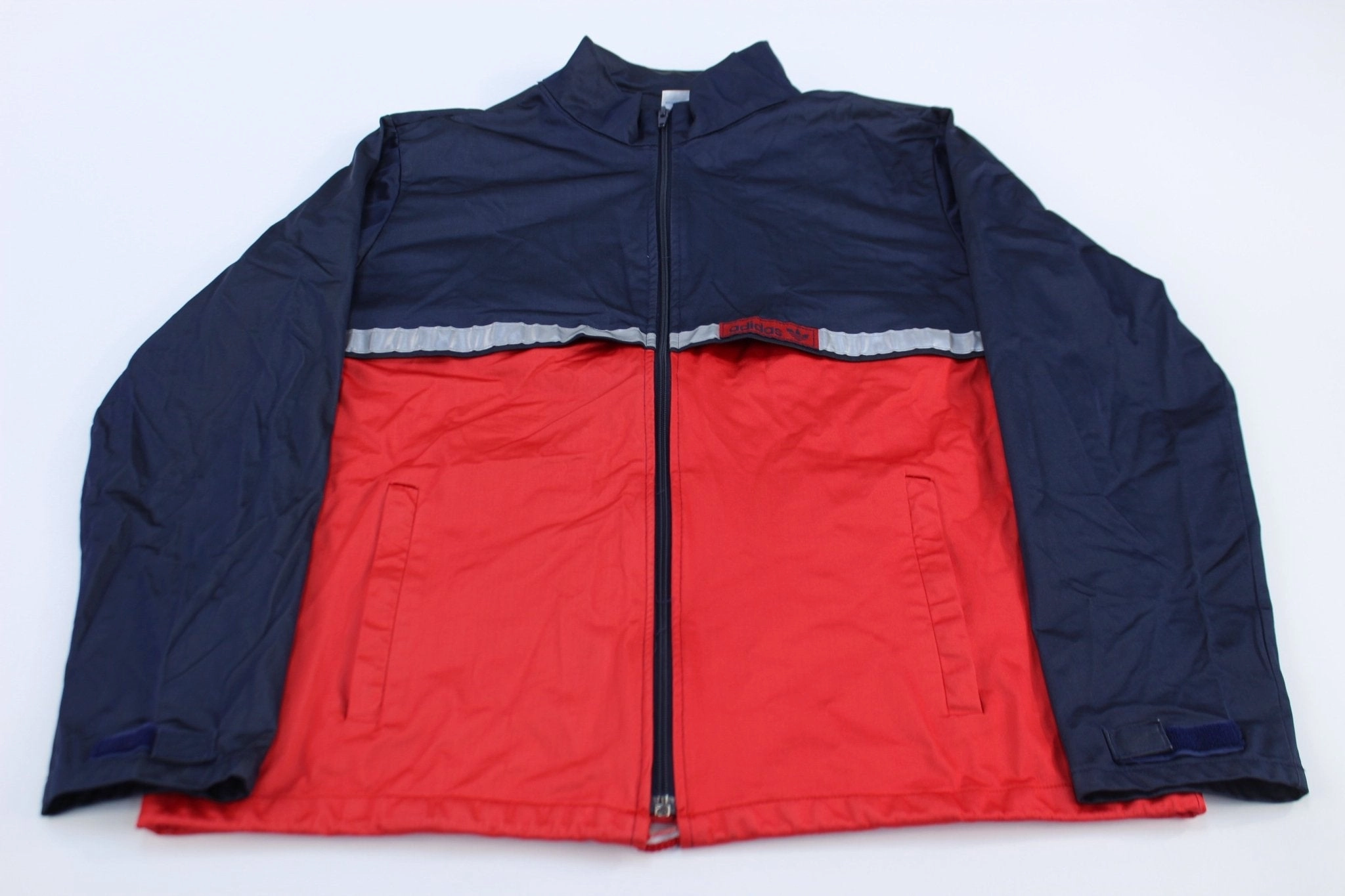 80's Adidas Logo Red, Blue, & Silver Zip Up Jacket Convertible Collar Style