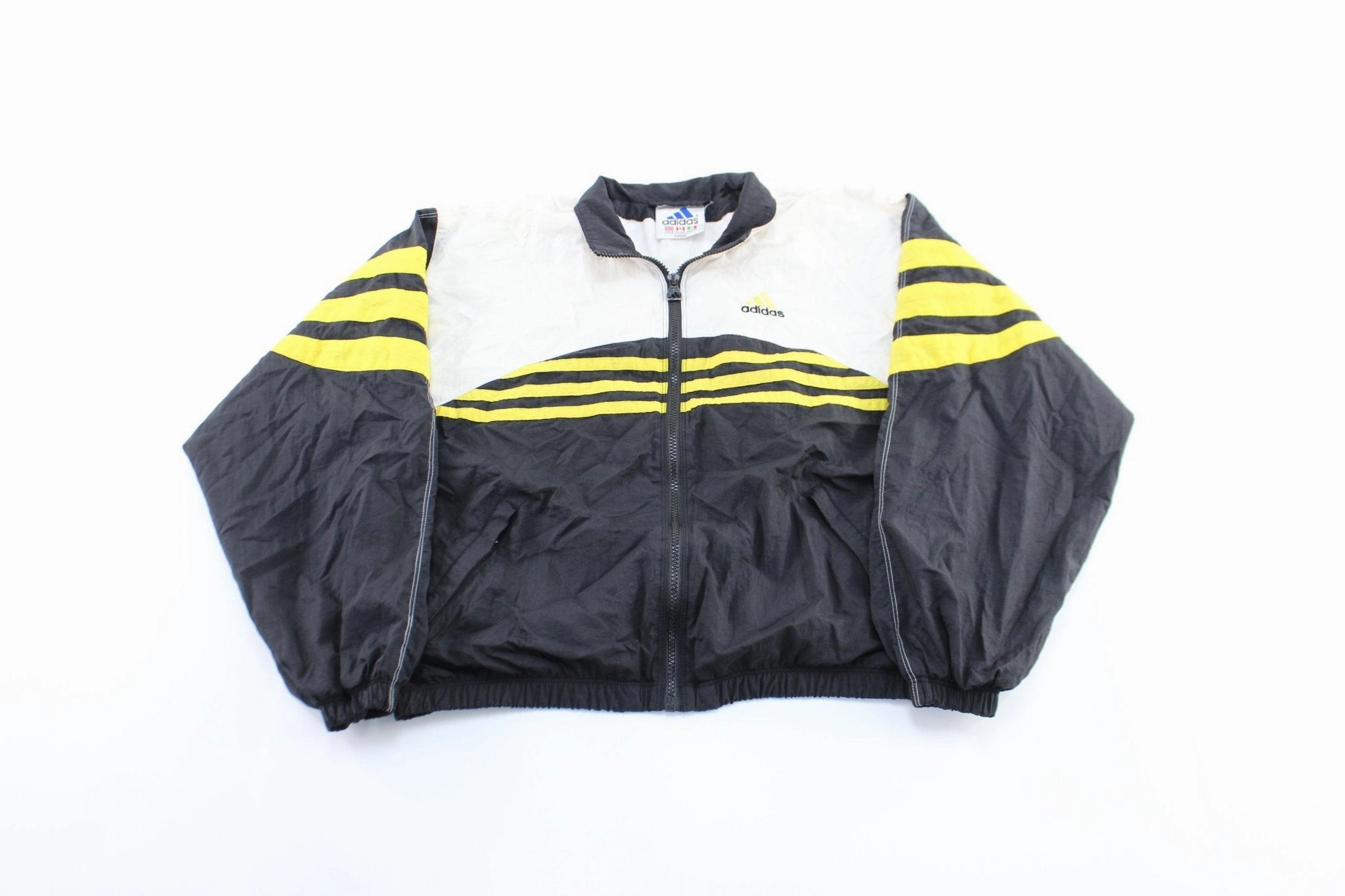 Vintage Adidas Embroidered Logo Black, White, & Yellow Striped Zip Up Jacket Sticker Autumn