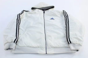 Discover belt Vintage Adidas Embroidered Logo Grey & White Reversible Hooded Jacket