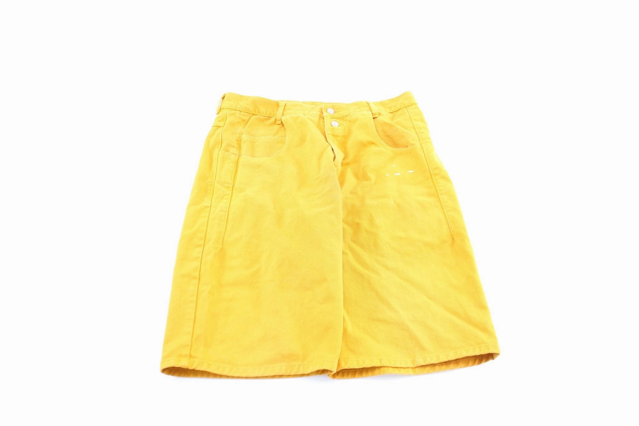 Vintage Guess Logo Patch Yellow Wash Denim Shorts Layering Piece