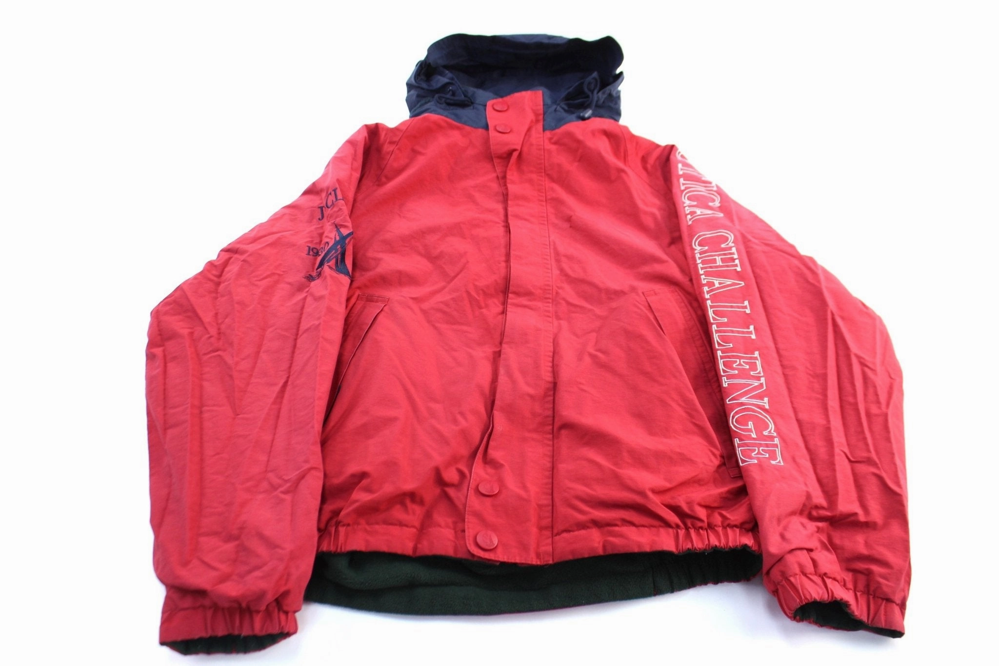 Vintage Nautica Challenge Embroidered Logo Red & Green Reversible Zip Up Jacket Performance Optimized Fit Cold Morning