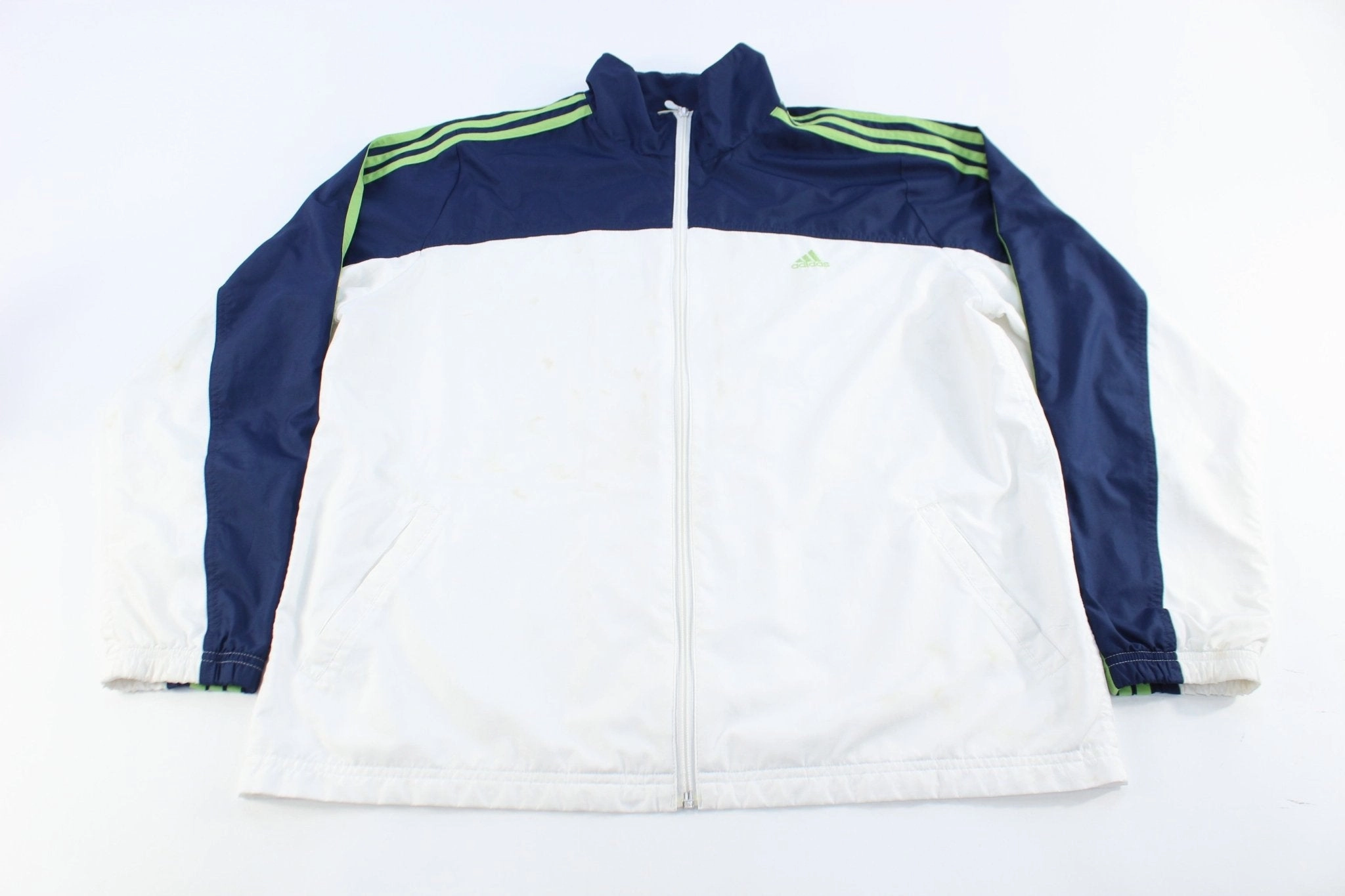 Adidas Embroidered Logo White, Navy Blue, & Green Striped Jacket Collapsible Hood Structure