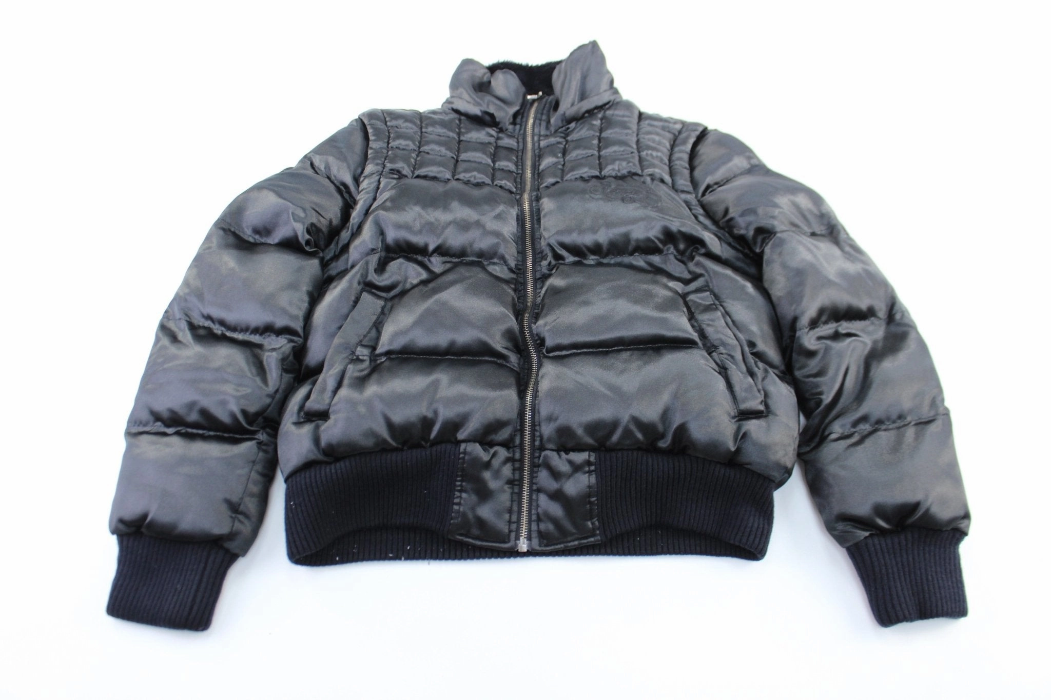 Women's Ecko Unltd. Embroidered Black Puffer Zip Up Jacket Beret