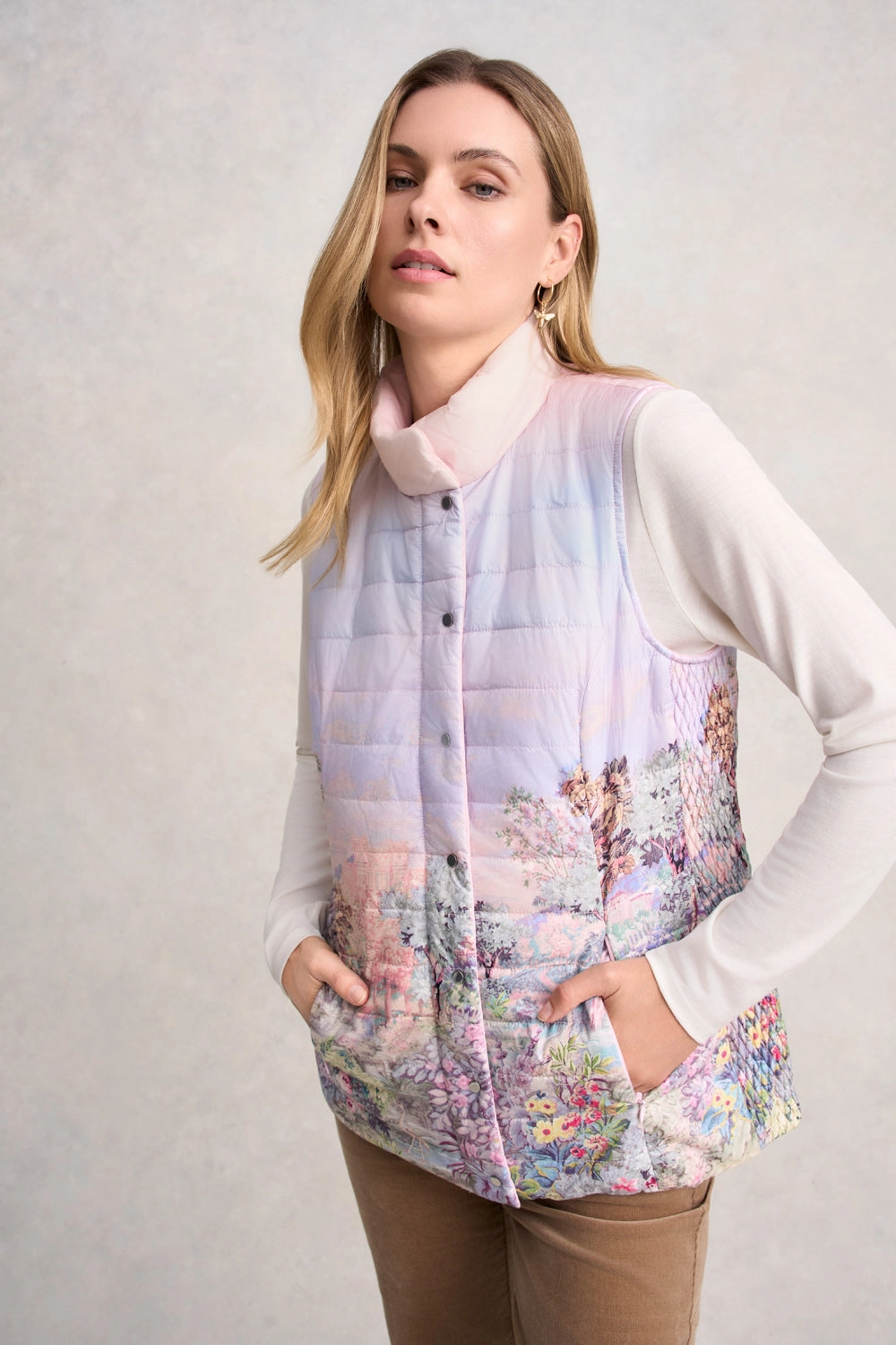 Leather Bits Quilted Reversible Puffer Vest - Scenic Sunset Print