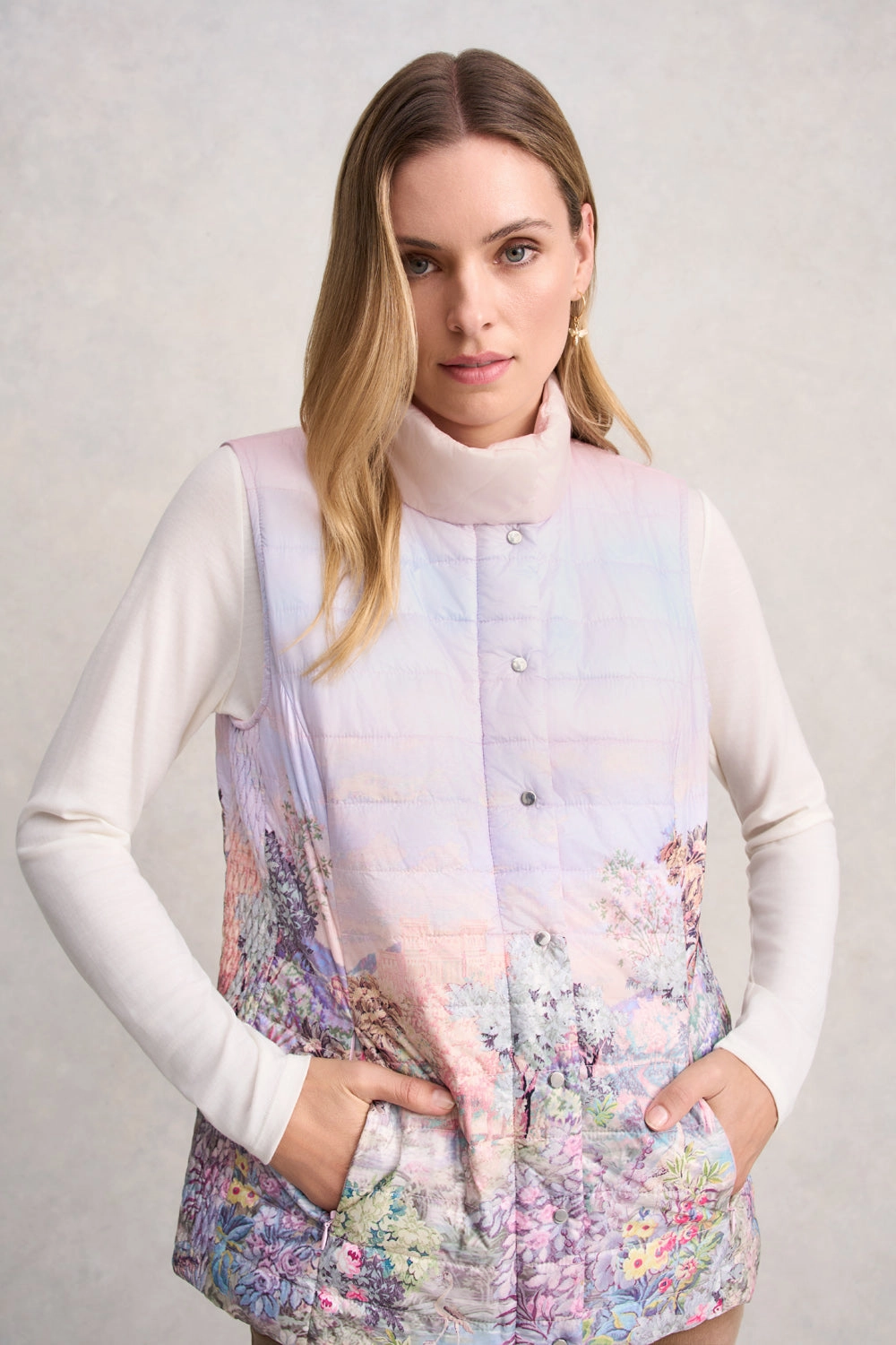 Quilted Reversible Puffer Vest - Scenic Sunset Print Active Wear Hidden Storage Compartments