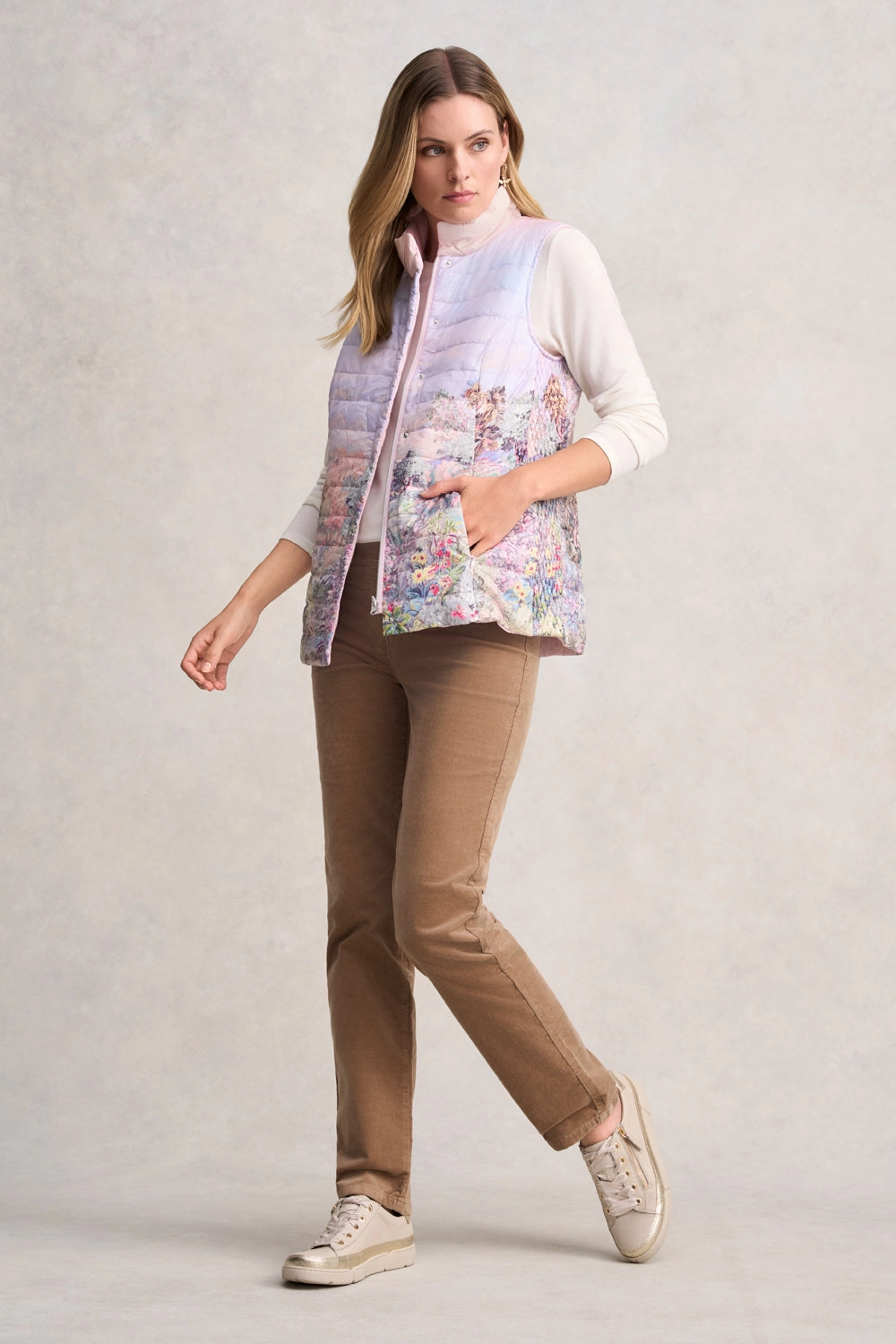 UV Resistant Finish AdjustableHood Quilted Reversible Puffer Vest - Scenic Sunset Print