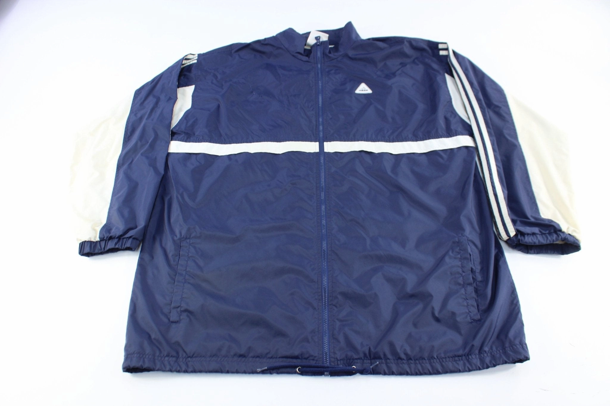 90's Adidas Embroidered Logo Navy Blue & White Striped Zip Up Jacket Convertible Design Show