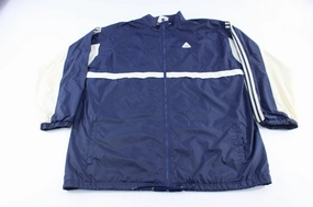 90's Adidas Embroidered Logo Navy Blue & White Striped Zip Up Jacket Convertible Design Show