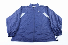 Adidas Embroidered Logo Navy Blue, Grey, & White Striped Zip Up Jacket Breathable