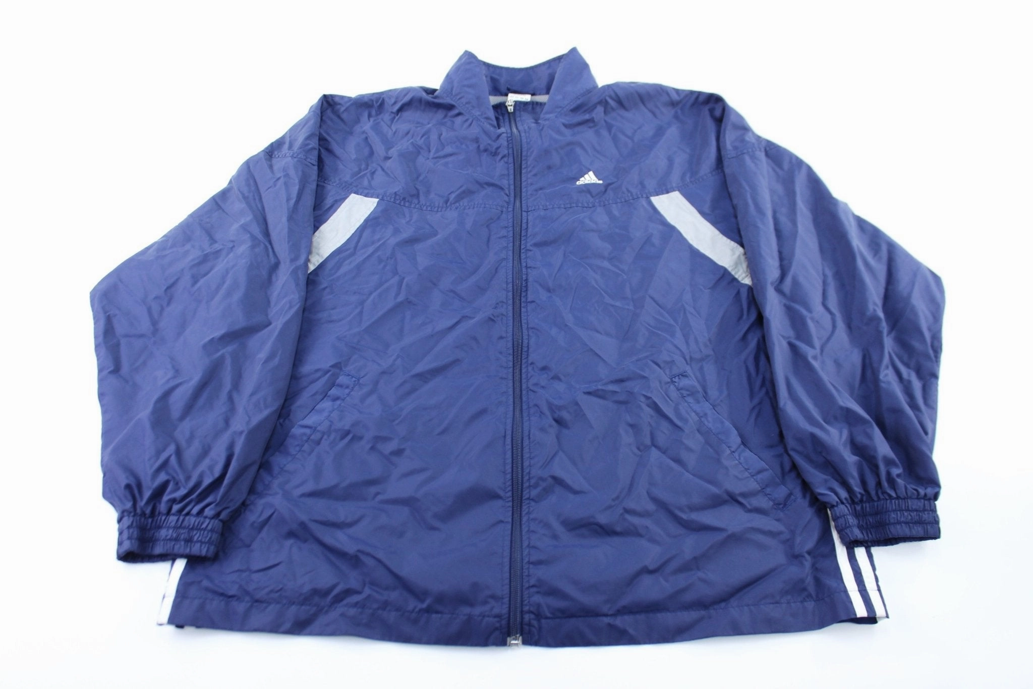 Adidas Embroidered Logo Navy Blue, Grey, & White Striped Zip Up Jacket Breathable