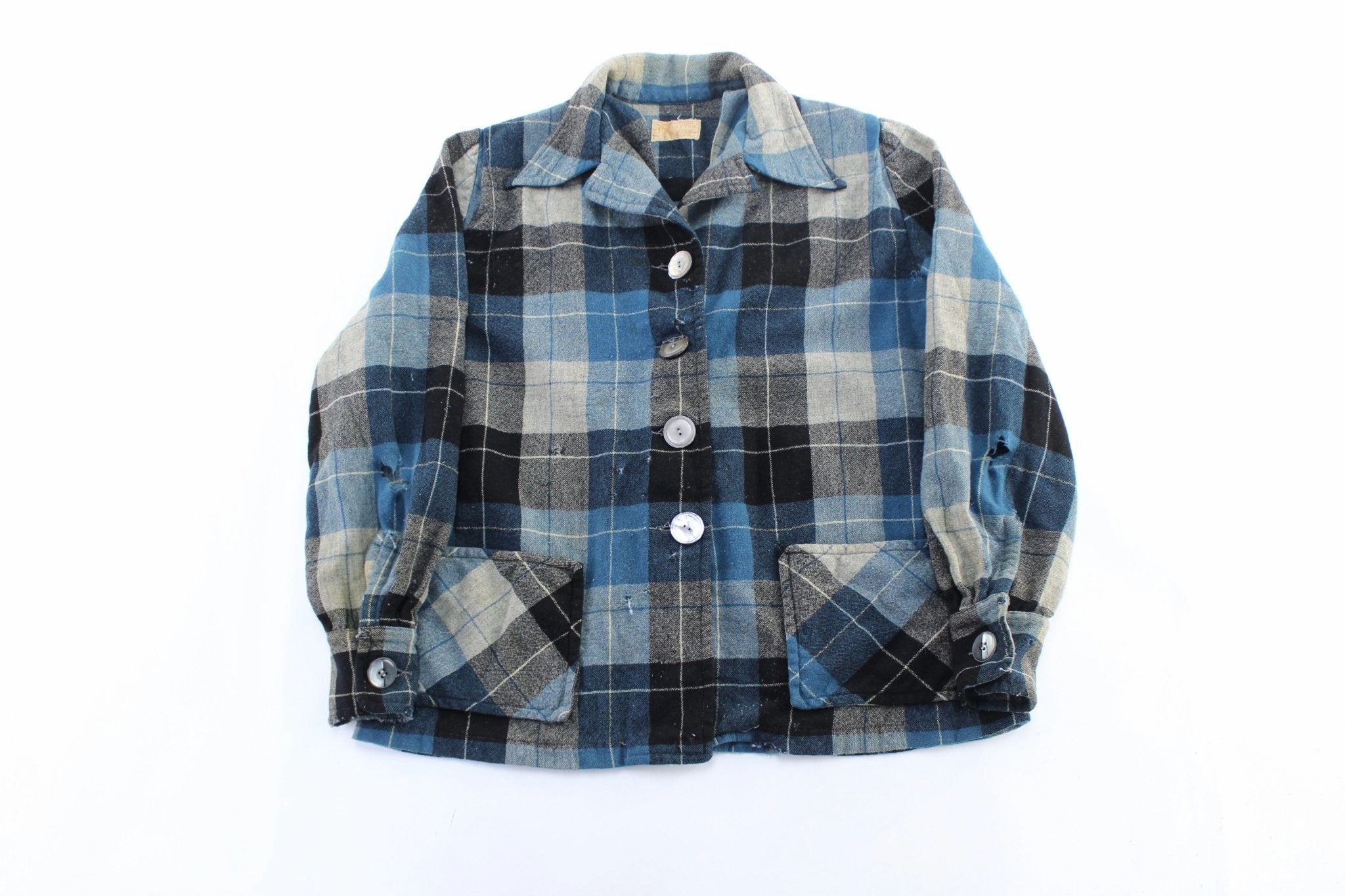 Women's 50's Pendleton Woolen Mills Blue & Black Plaid Coat Reflective Trim Insulation Jacket