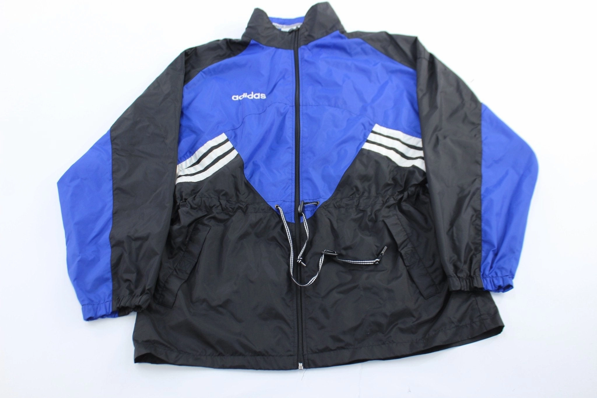 Women's 80's Adidas Embroidered Logo Blue, Black, & White Zip Up Jacket Multi Season Concentration