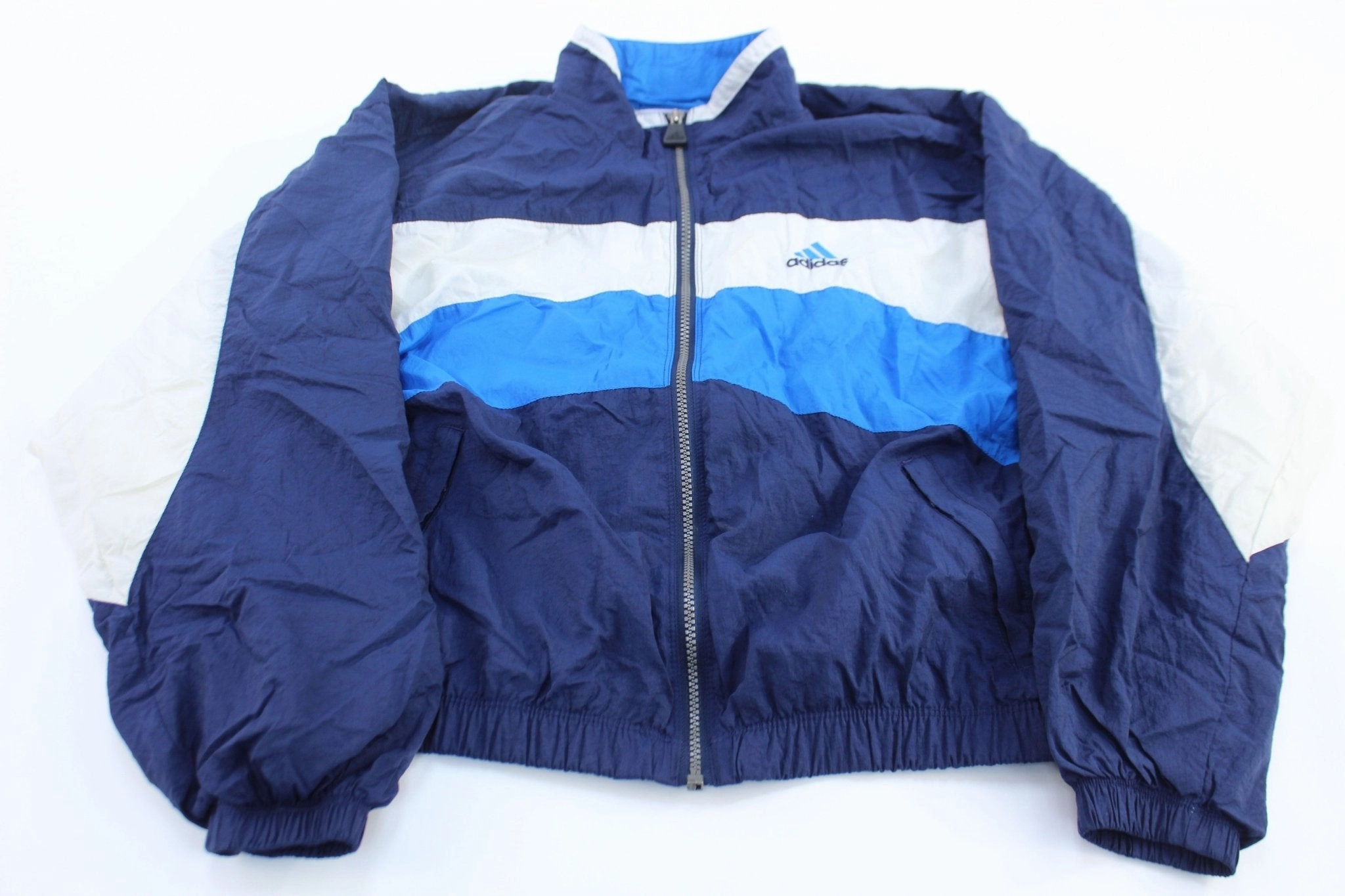 Women's 90's Adidas Embroidered Logo Blue & White Striped Zip Up Jacket Lose Wind Blocker