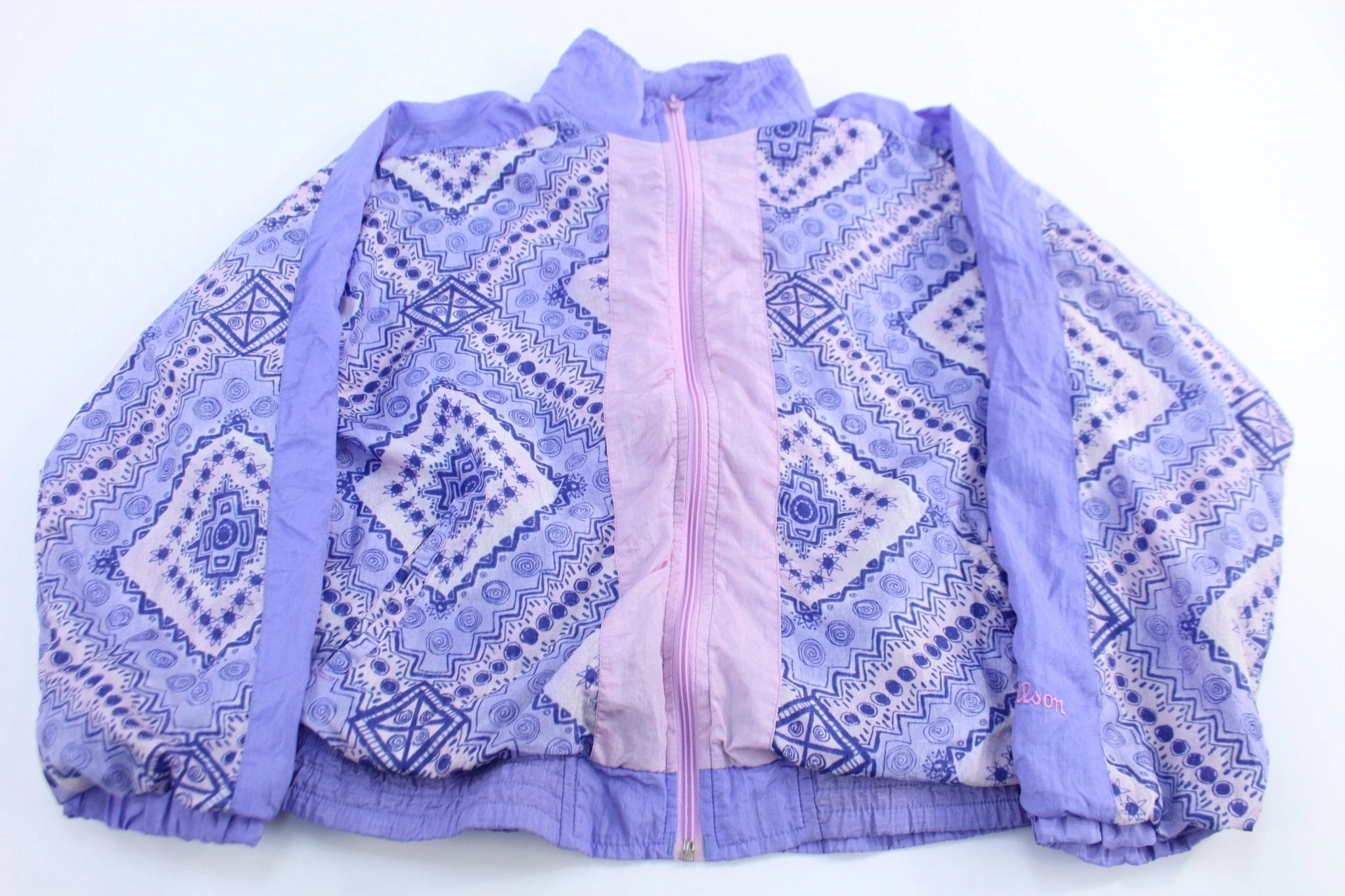Women's 90's Wilson Purple Patterned Full Zip Windbreaker Ribbed Knit Cuffs day