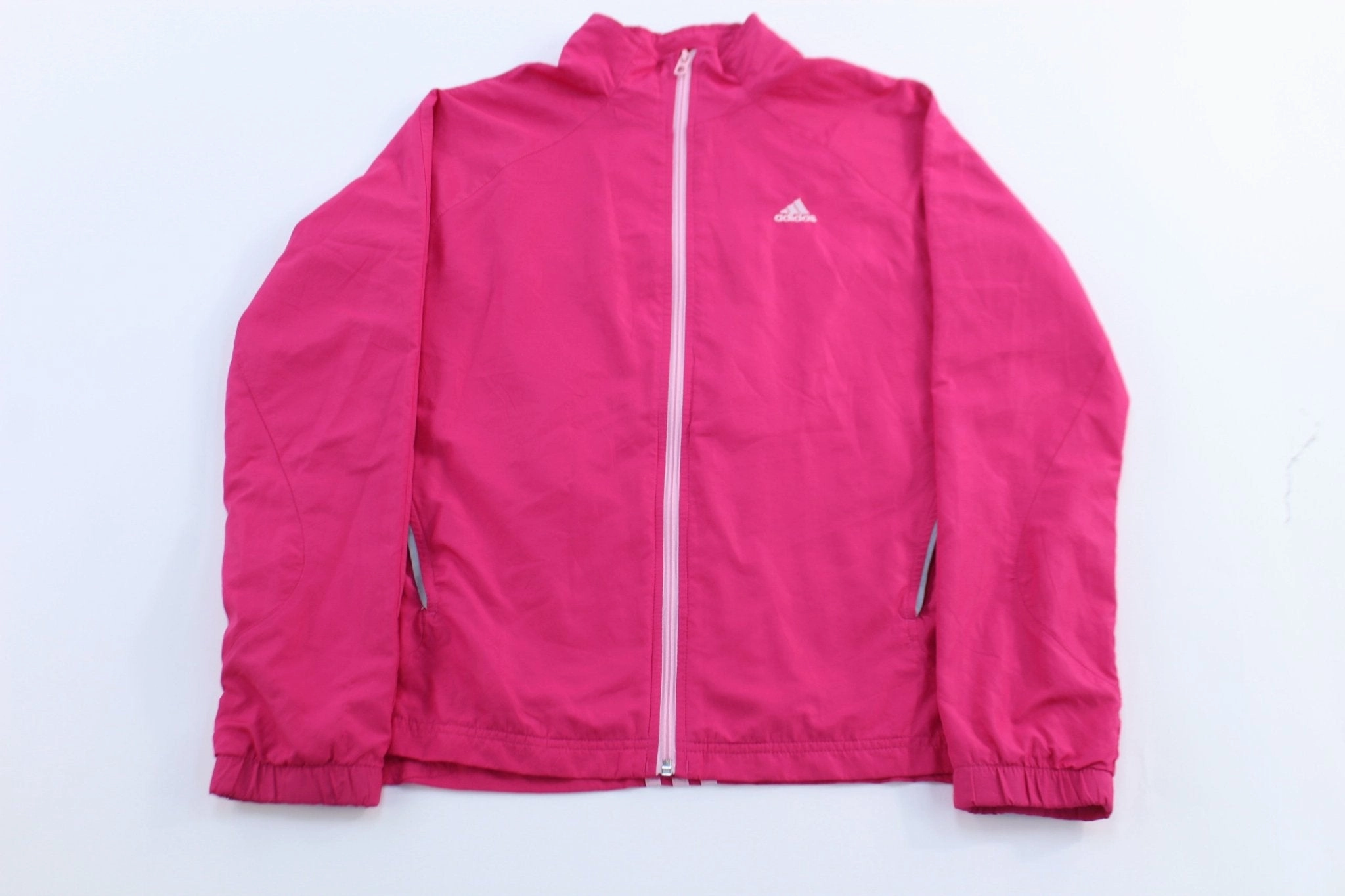 Ergonomic Pattern Women's Adidas Embroidered Logo Pink & White Striped Zip Up Jacket