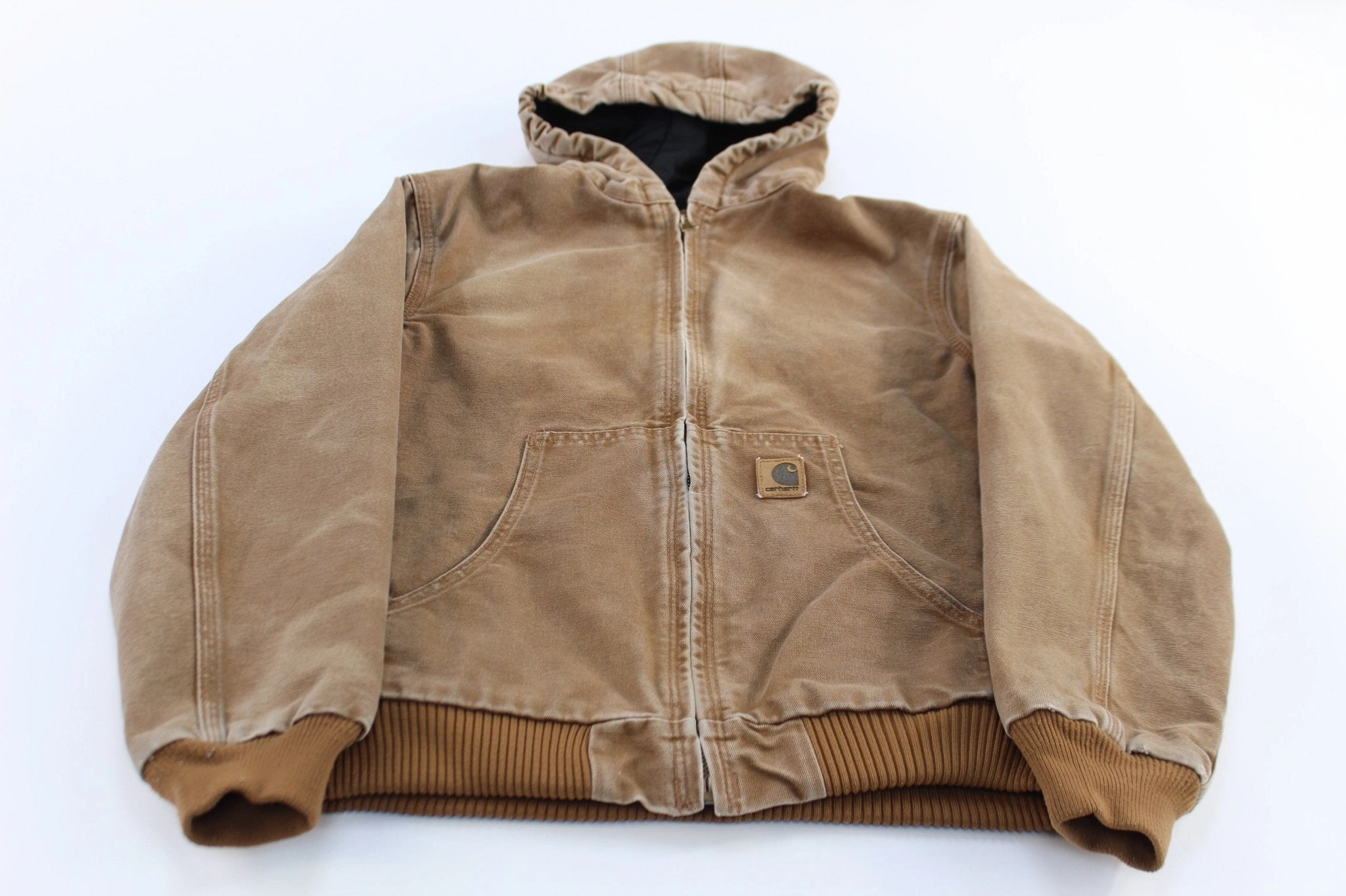 Revolutionize PaddedShoulders Women's Carhartt Logo Patch Tan Hooded Zip Up Jacket