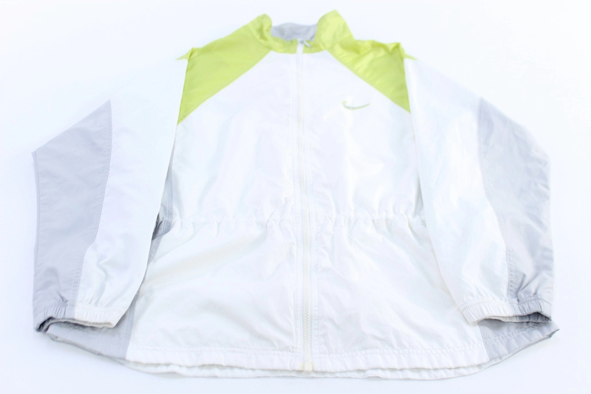 Women's Nike Embroidered Logo Grey, Green, & White Zip Up Jacket Compression Strap Adjustment