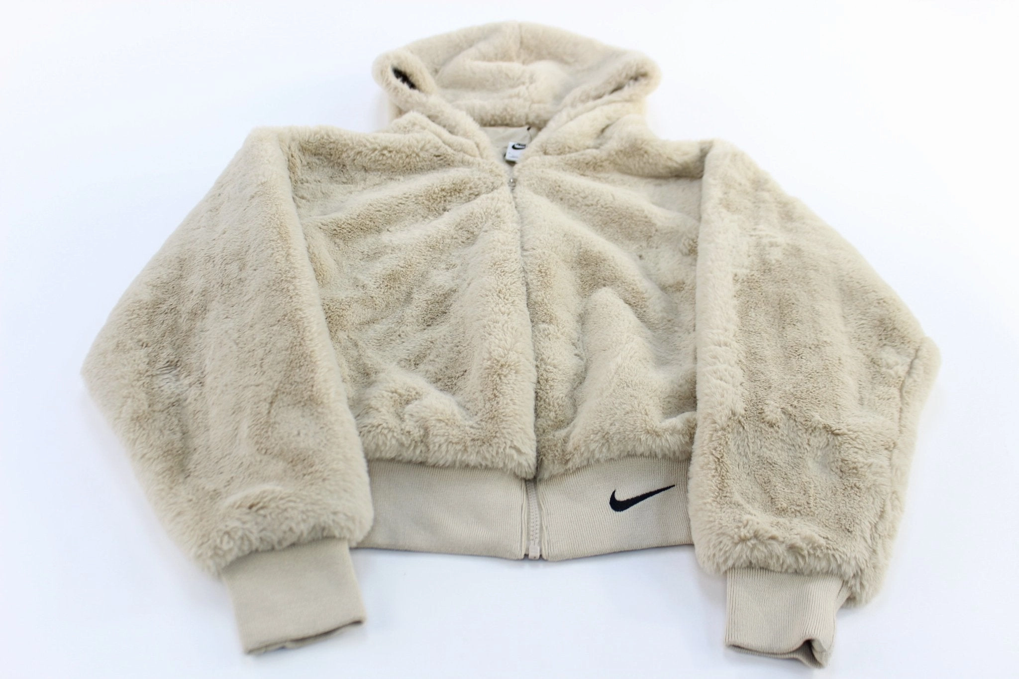 Women's Nike Embroidered Swoosh Logo Sherpa Hooded Jacket Cool Season Collarless