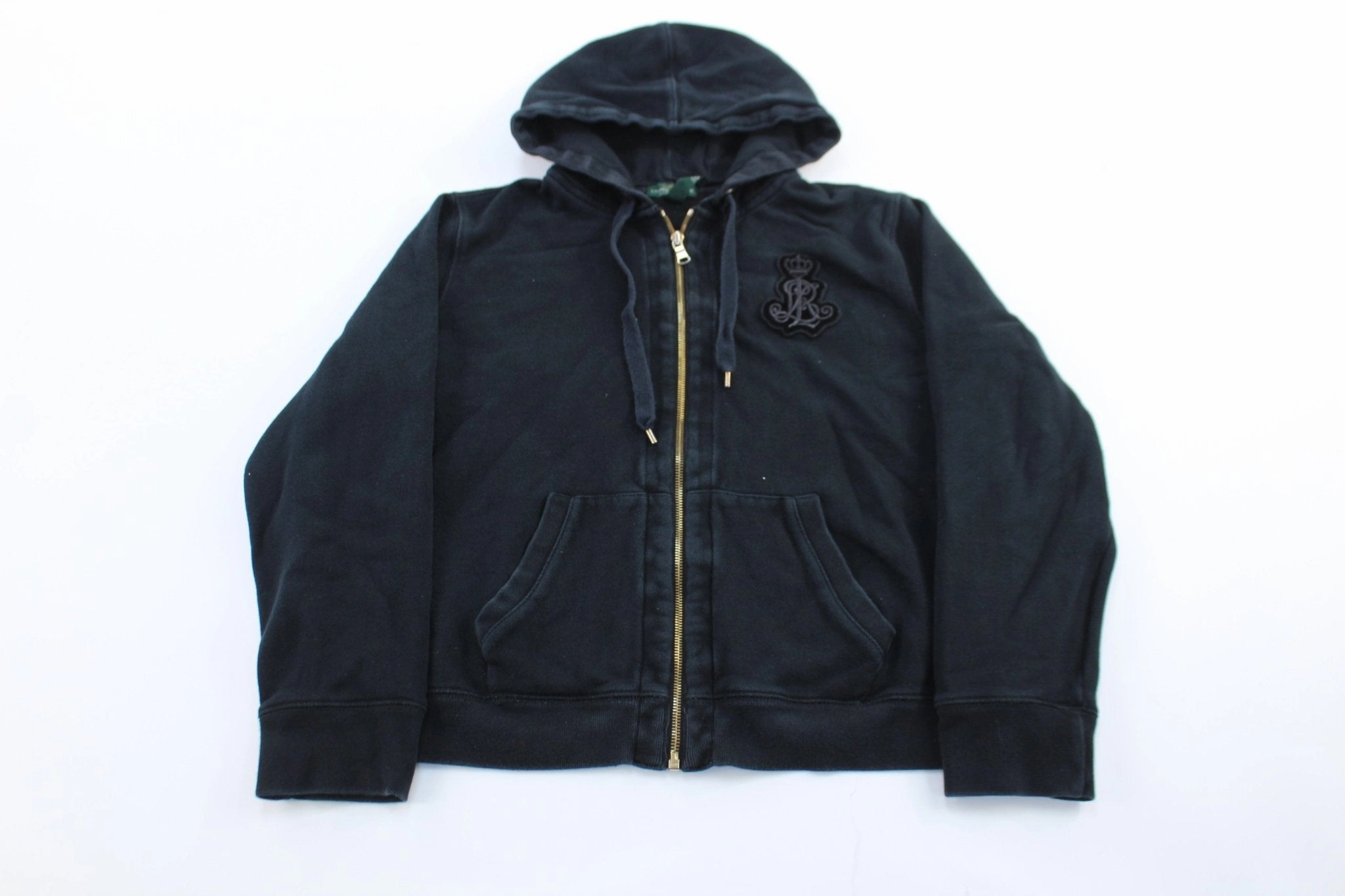 Women's Ralph Lauren Embroidered Logo Black Zip Up Hoodie Non Bulky Design Relaxed Motion