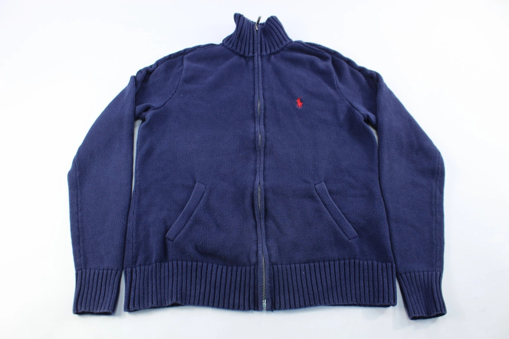 Women's Ralph Lauren Embroidered Logo Navy Blue Zip Up Sweater Trail Fit sunny - day look