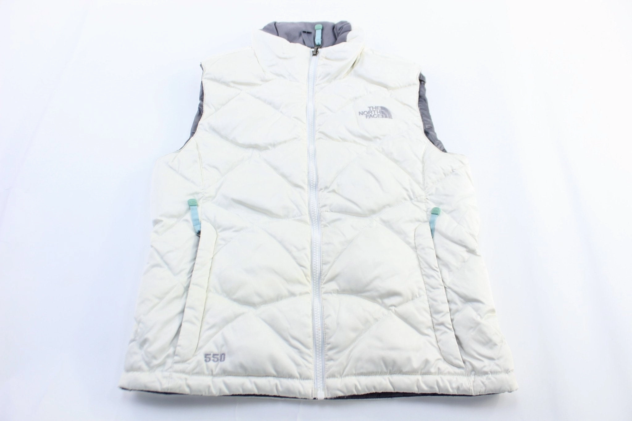 Probability Aim Women's The North Face 550 Grey & White Reverisble Puffer Vest