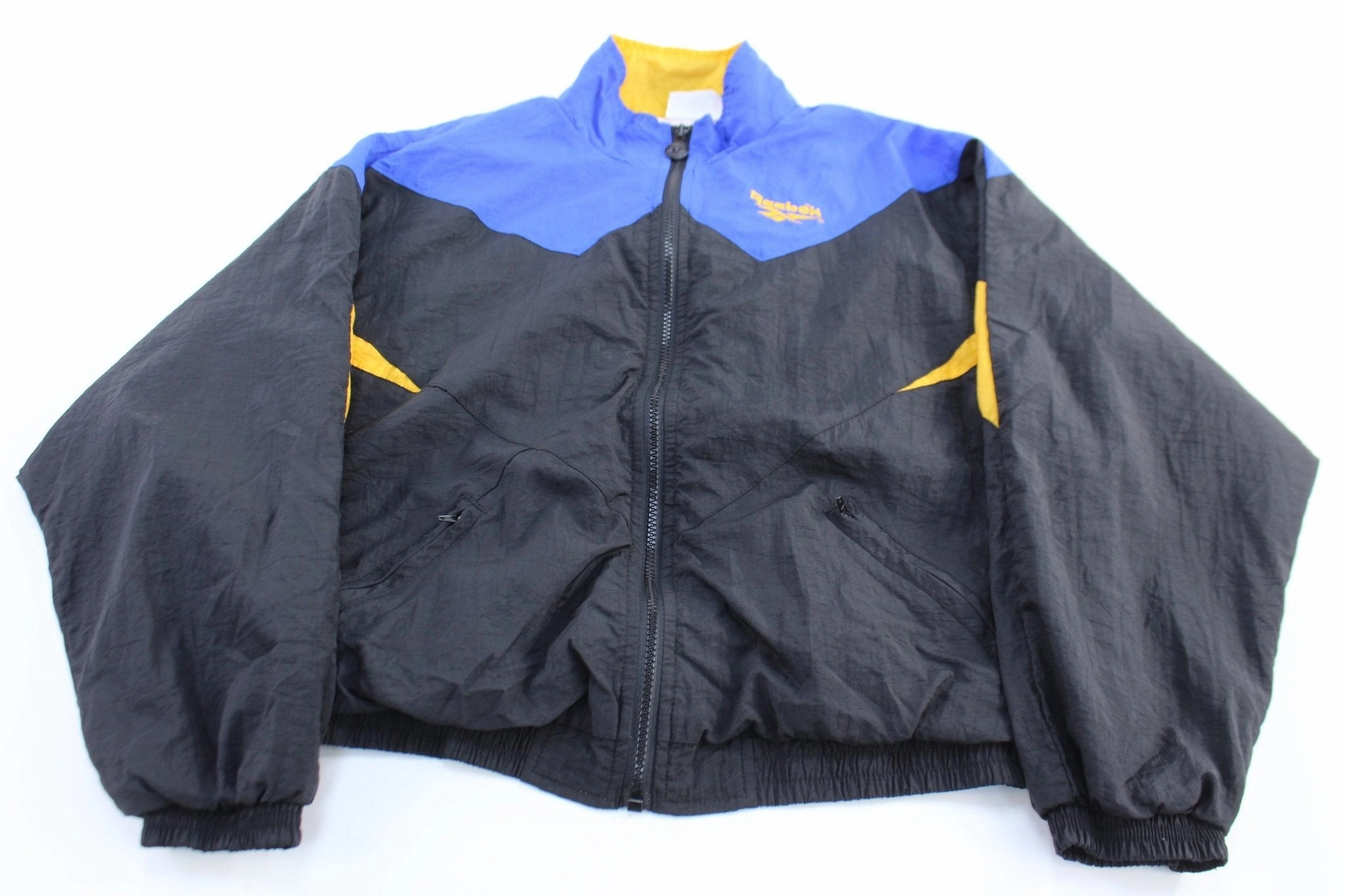 Action Insulated Wear Women's Vintage Reebok Embroidered Logo Blue, Black, & Yellow Zip Up Jacket