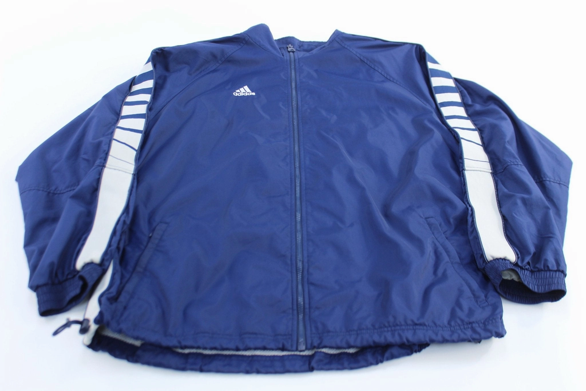 Vintage Adidas Embroidered Logo Blue & White Striped Zip Up Jacket Dry clean only